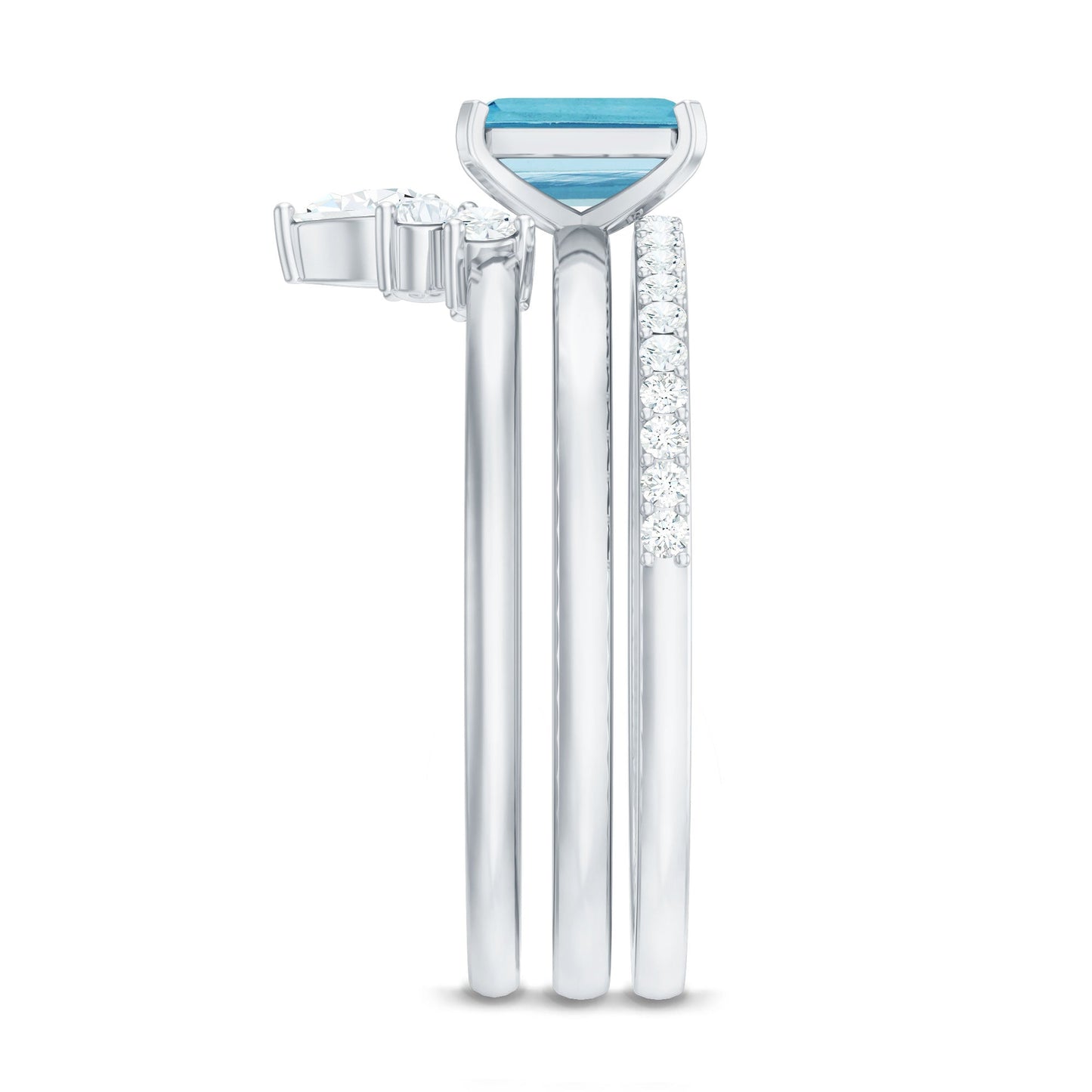 Emerald Cut 0.6 Carat Aquamarine Solitaire Ring Set of 3 with Diamond
