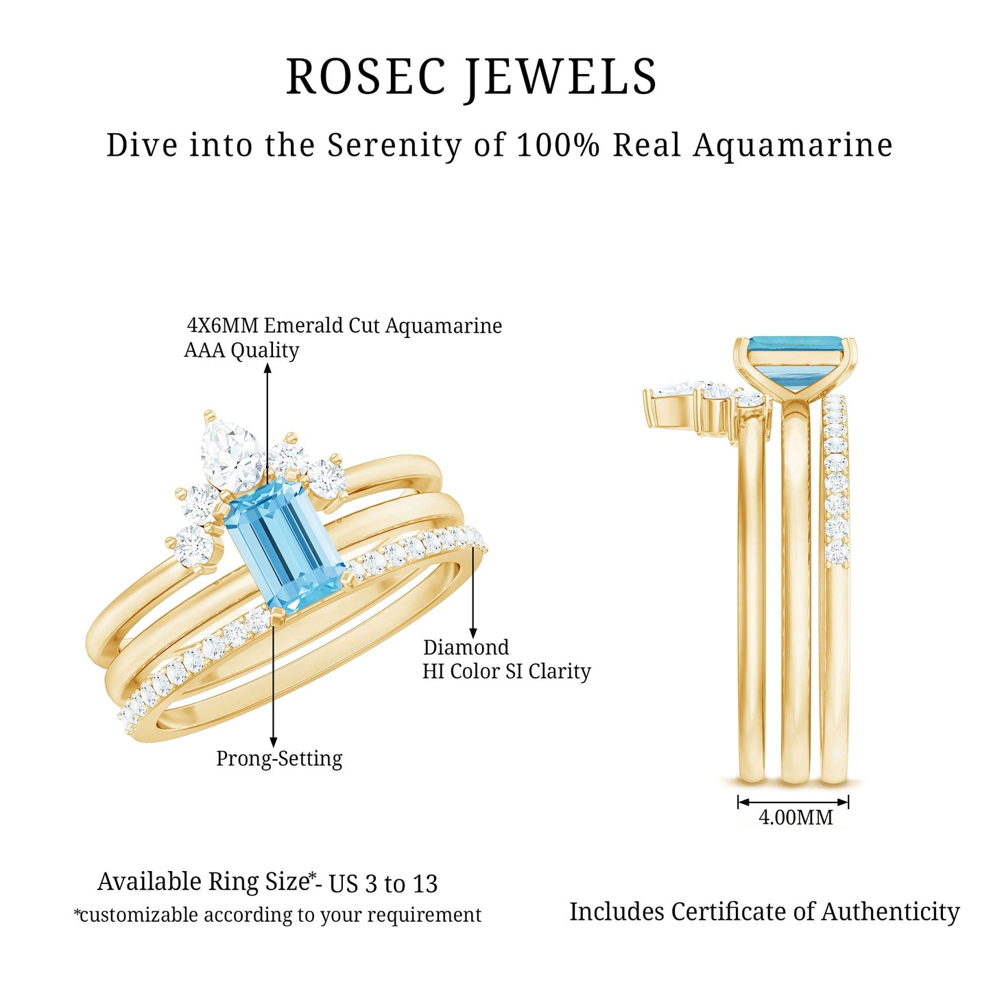 Emerald Cut 0.6 Carat Aquamarine Solitaire Ring Set of 3 with Diamond