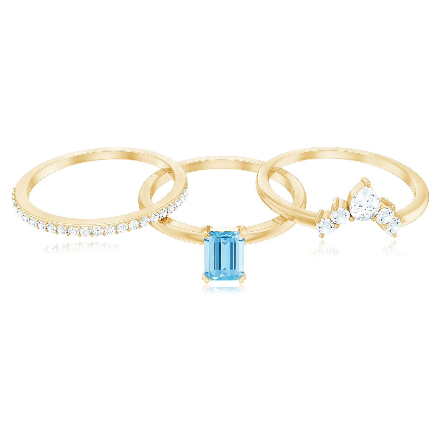 Emerald Cut 0.6 Carat Aquamarine Solitaire Ring Set of 3 with Diamond