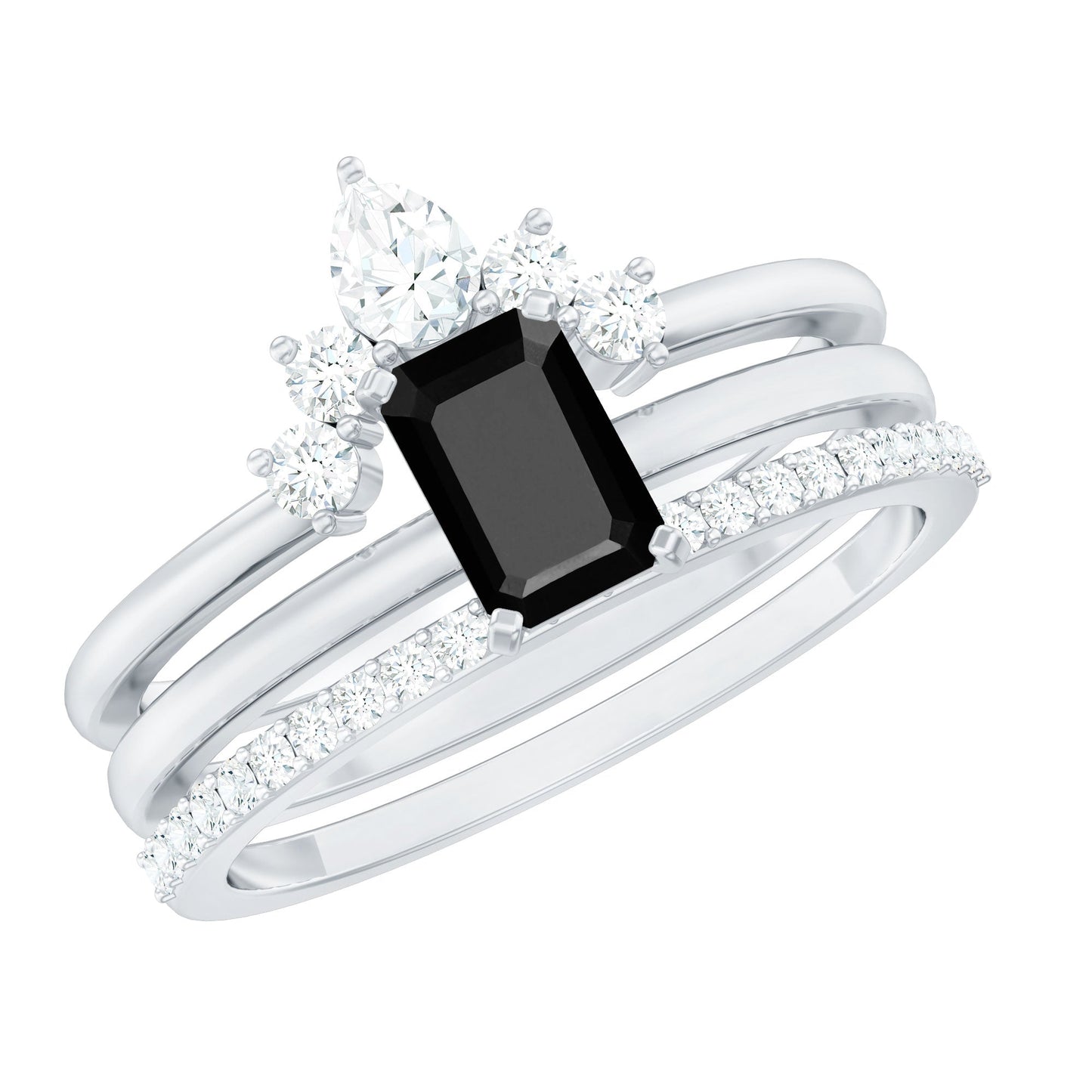 Emerald Cut Black Onyx and Diamond Trio Wedding Ring Set