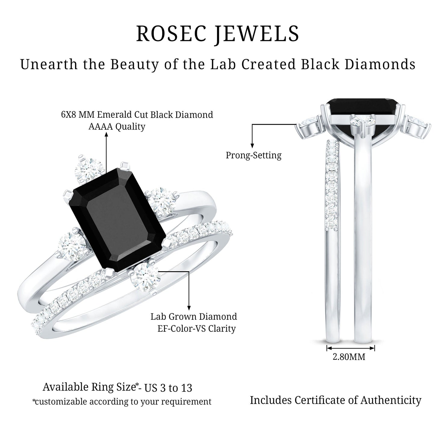 Certified 1.6 Carat Emerald Cut Lab Grown Black and White Diamond Engagement Ring with Enhancer