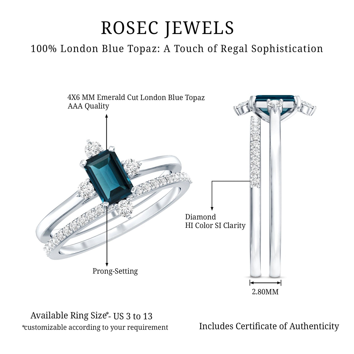 0.7 Carat Emerald Cut London Blue Topaz Wedding Ring Set with Diamond Band