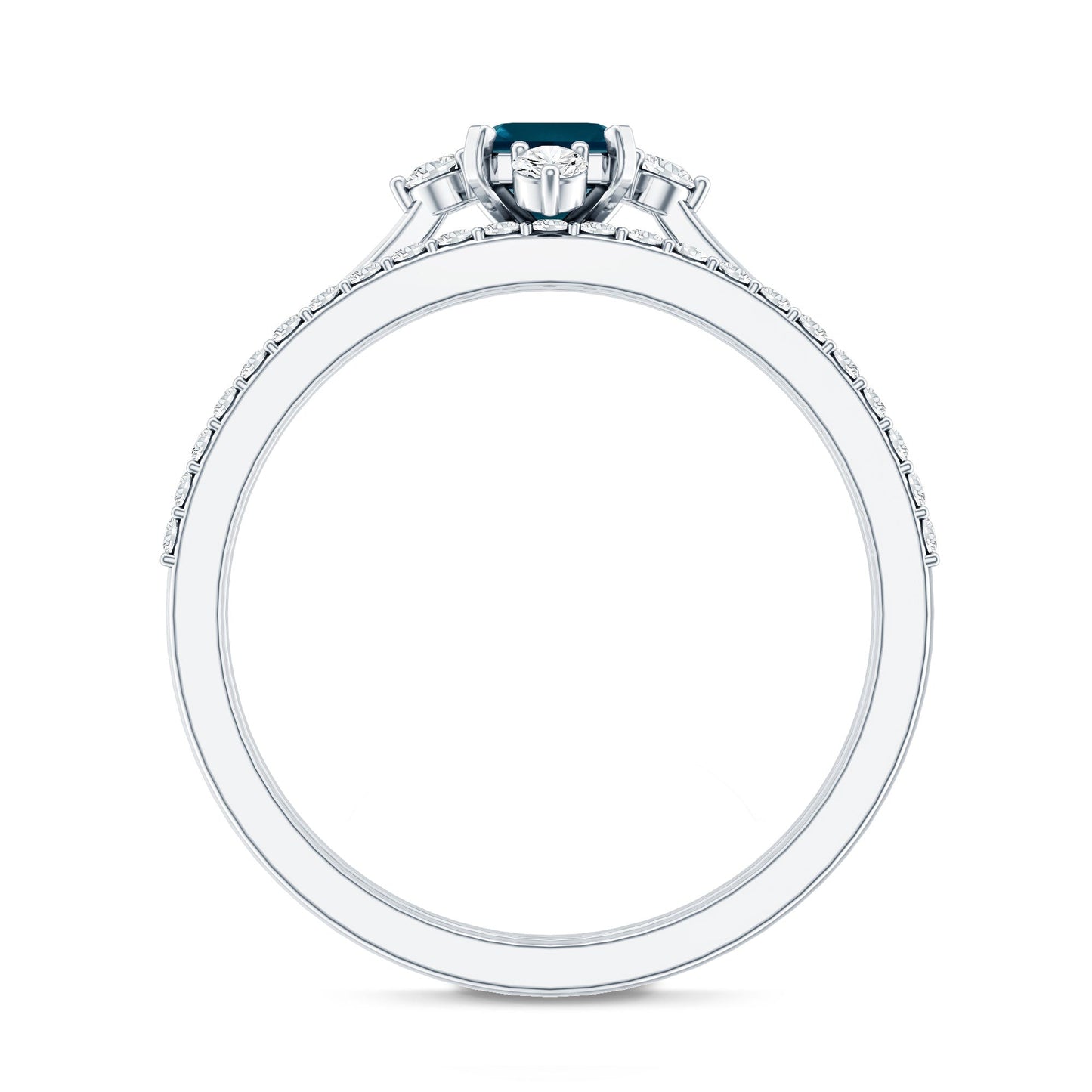 0.7 Carat Emerald Cut London Blue Topaz Wedding Ring Set with Diamond Band