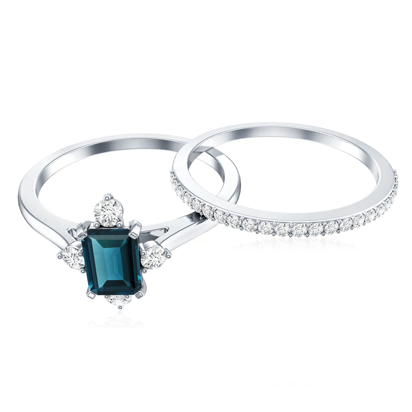 0.7 Carat Emerald Cut London Blue Topaz Wedding Ring Set with Diamond Band