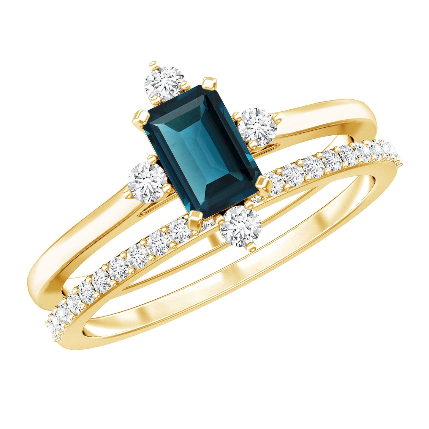 0.7 Carat Emerald Cut London Blue Topaz Wedding Ring Set with Diamond Band