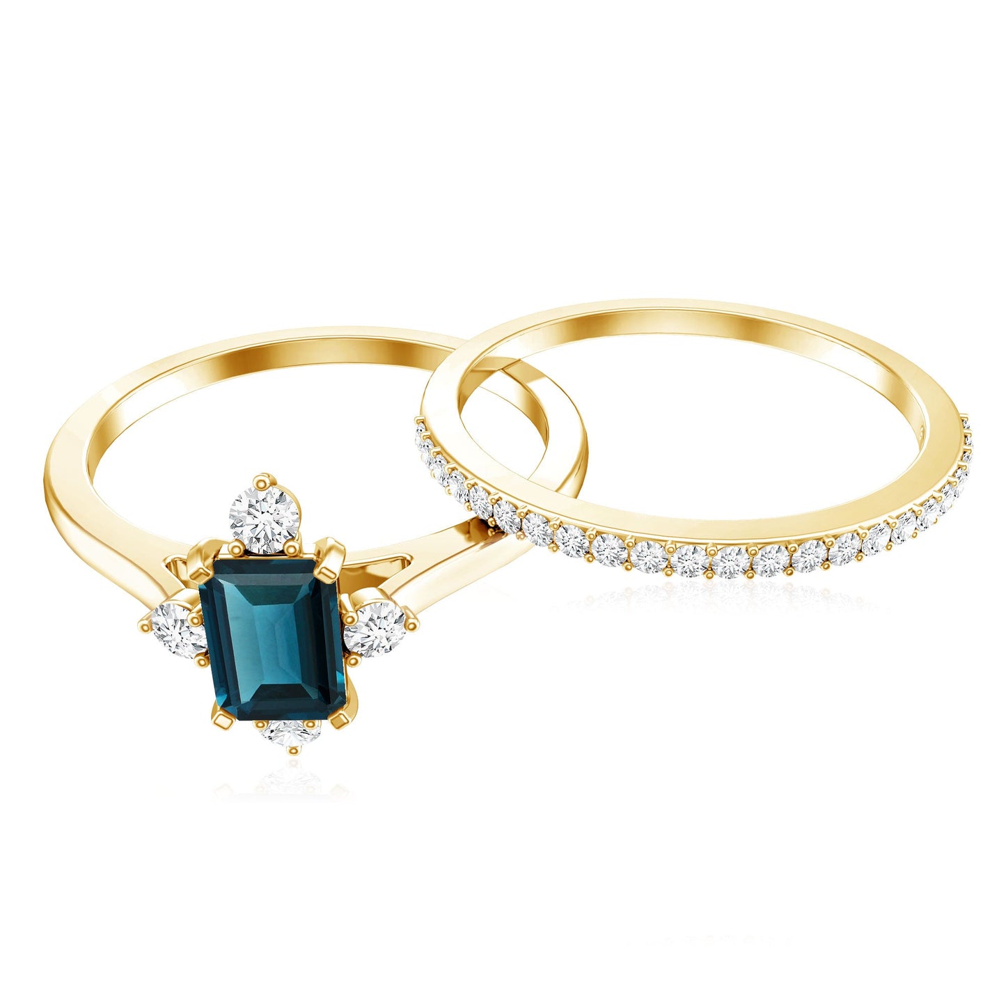 0.7 Carat Emerald Cut London Blue Topaz Wedding Ring Set with Diamond Band