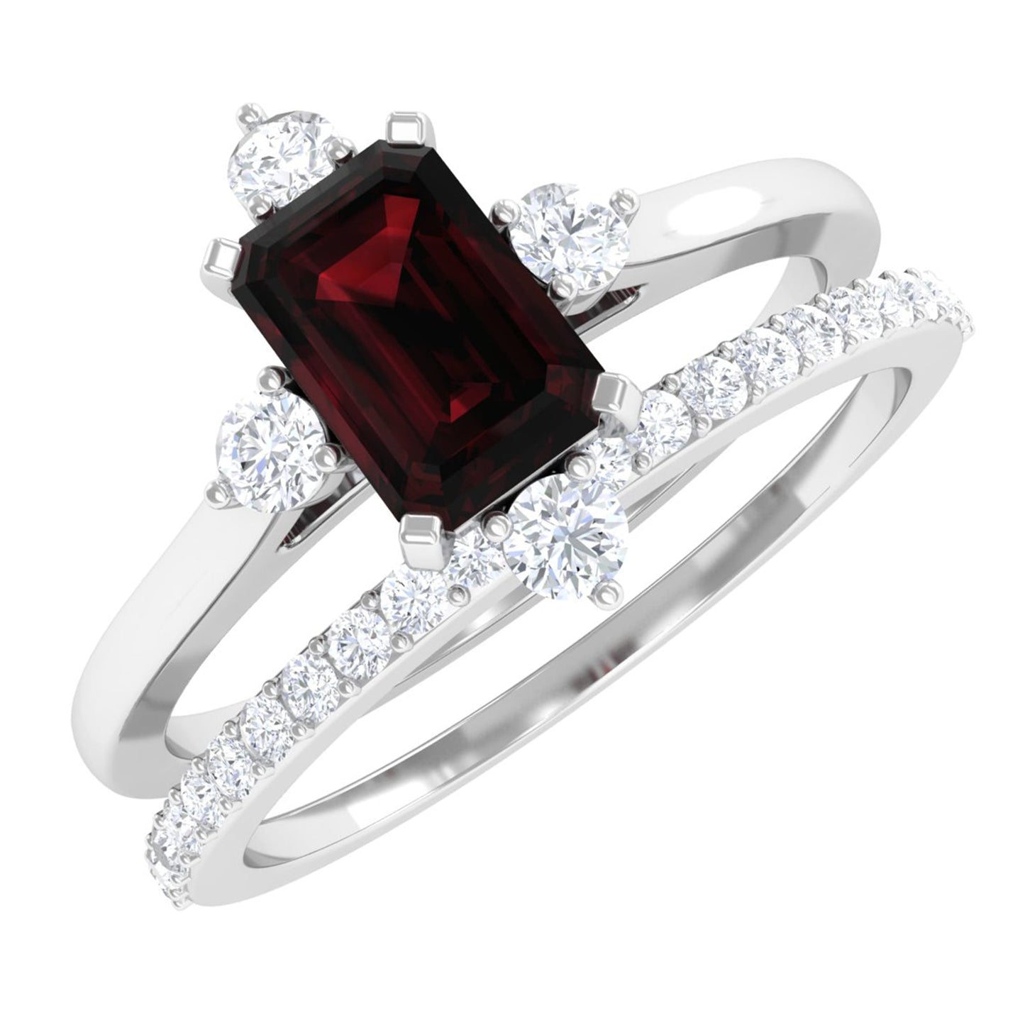 0.7 Carat Natural Emerald Cut Garnet Diamond Wedding Bridal Ring Set of 2