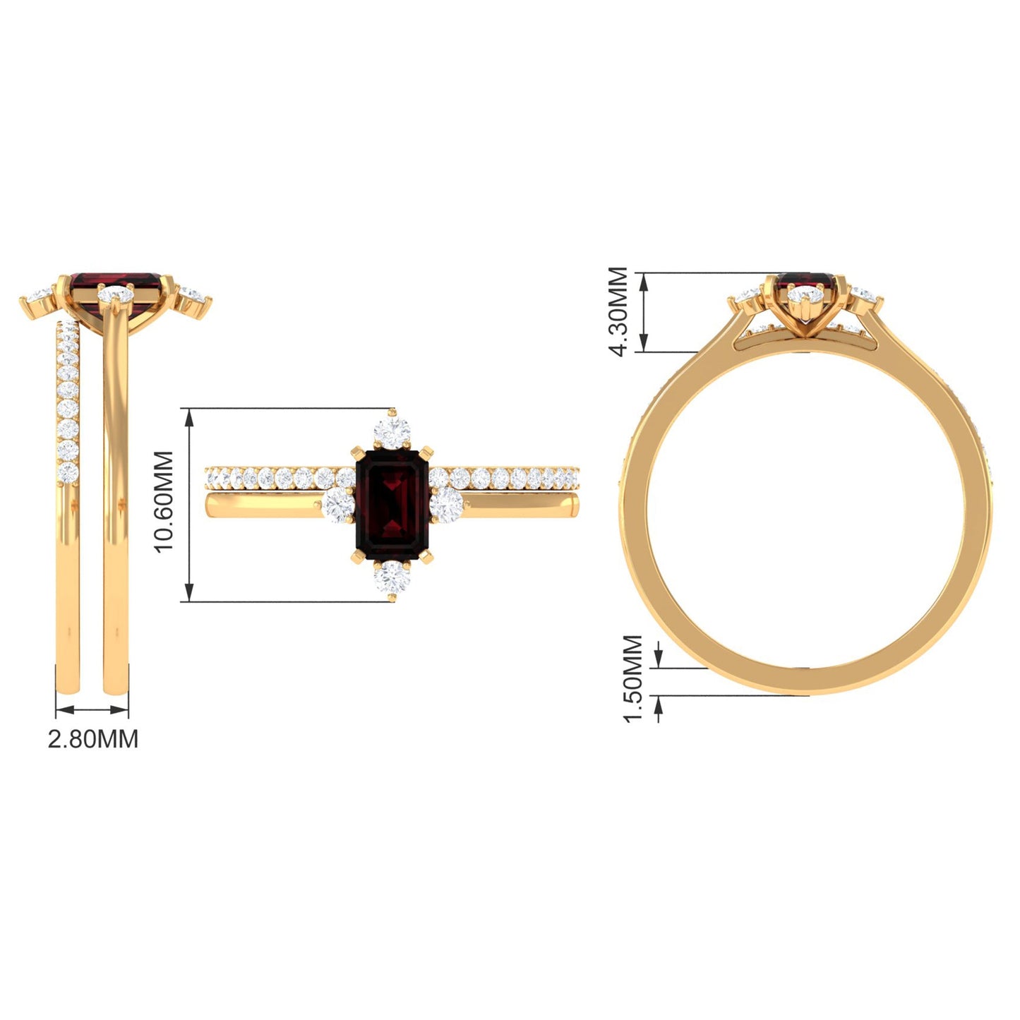 0.7 Carat Natural Emerald Cut Garnet Diamond Wedding Bridal Ring Set of 2