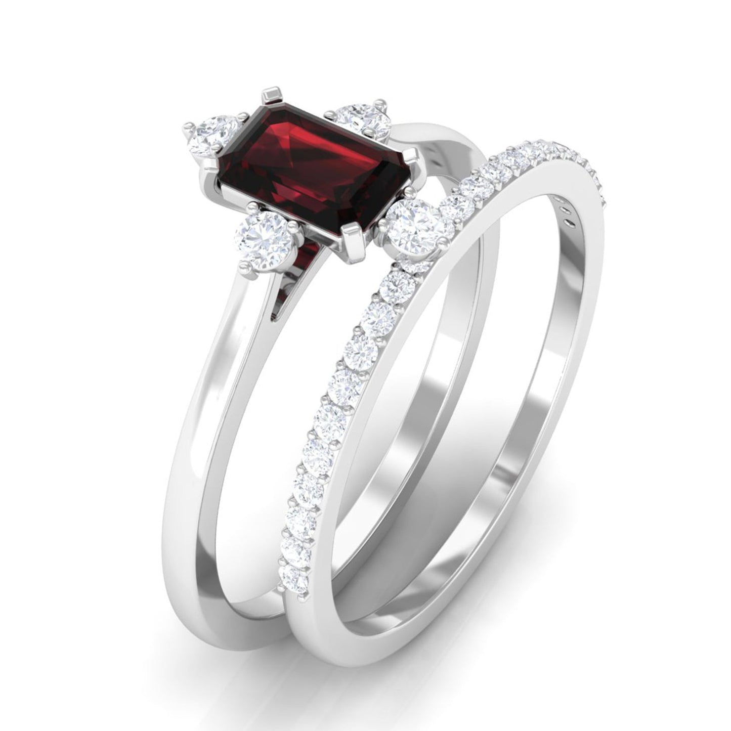 0.7 Carat Natural Emerald Cut Garnet Diamond Wedding Bridal Ring Set of 2