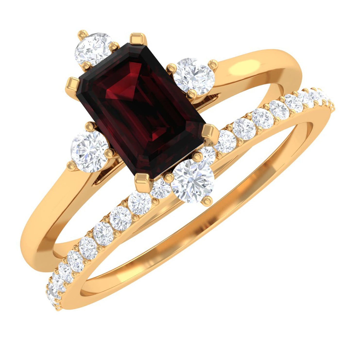 0.7 Carat Natural Emerald Cut Garnet Diamond Wedding Bridal Ring Set of 2