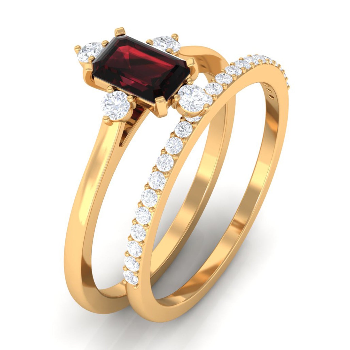 0.7 Carat Natural Emerald Cut Garnet Diamond Wedding Bridal Ring Set of 2