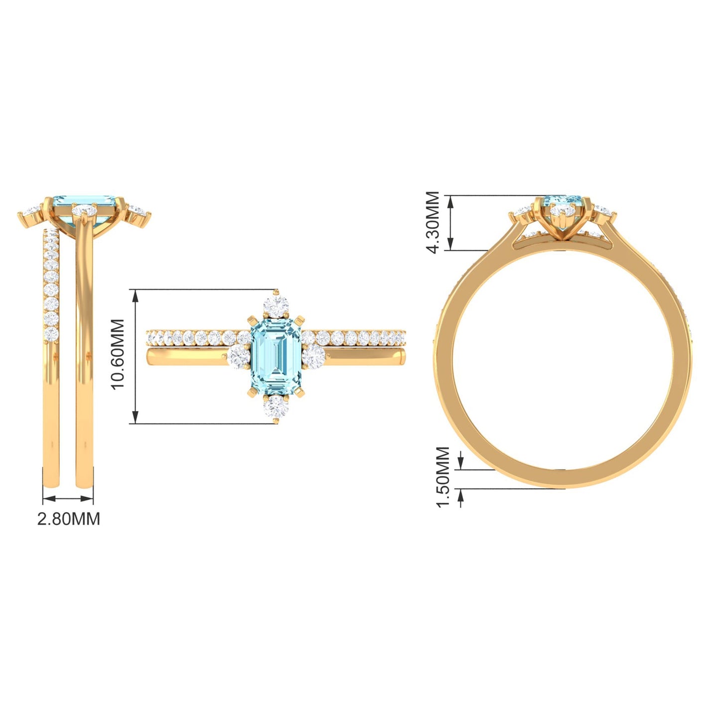 Emerald Cut Genuine Aquamarine and Diamond Designer Engagement Ring Set