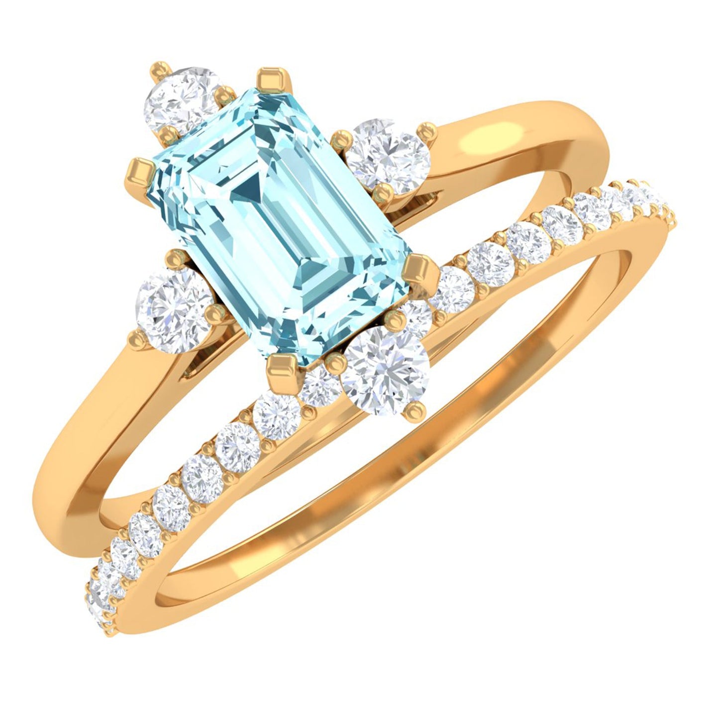 Emerald Cut Genuine Aquamarine and Diamond Designer Engagement Ring Set
