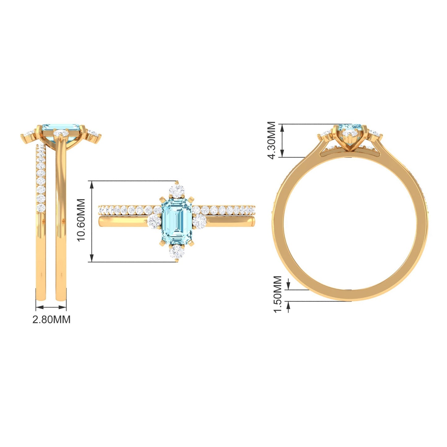 Emerald Cut Genuine Aquamarine and Diamond Designer Engagement Ring Set
