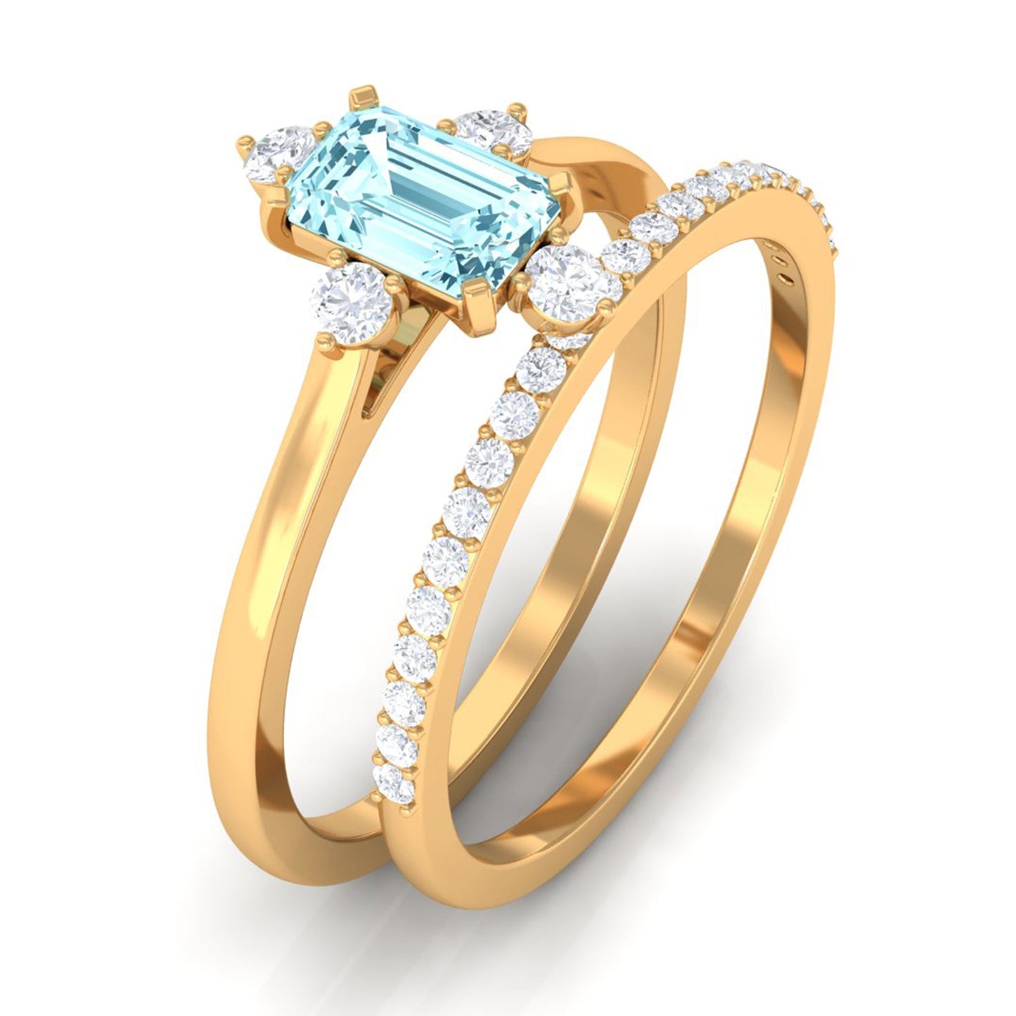 Emerald Cut Genuine Aquamarine and Diamond Designer Engagement Ring Set