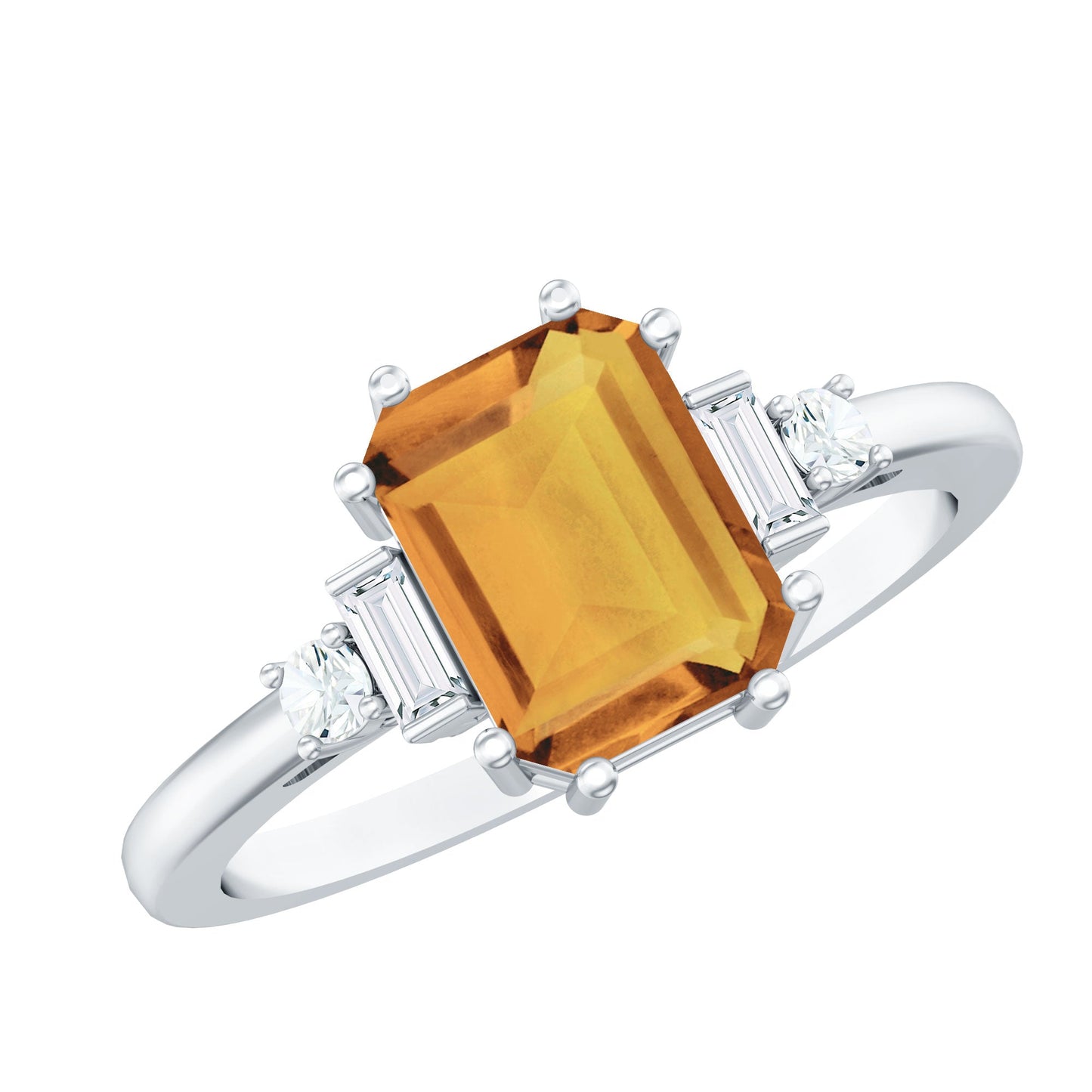 Certified Natural Citrine Emerald Cut Engagement Ring with Diamond