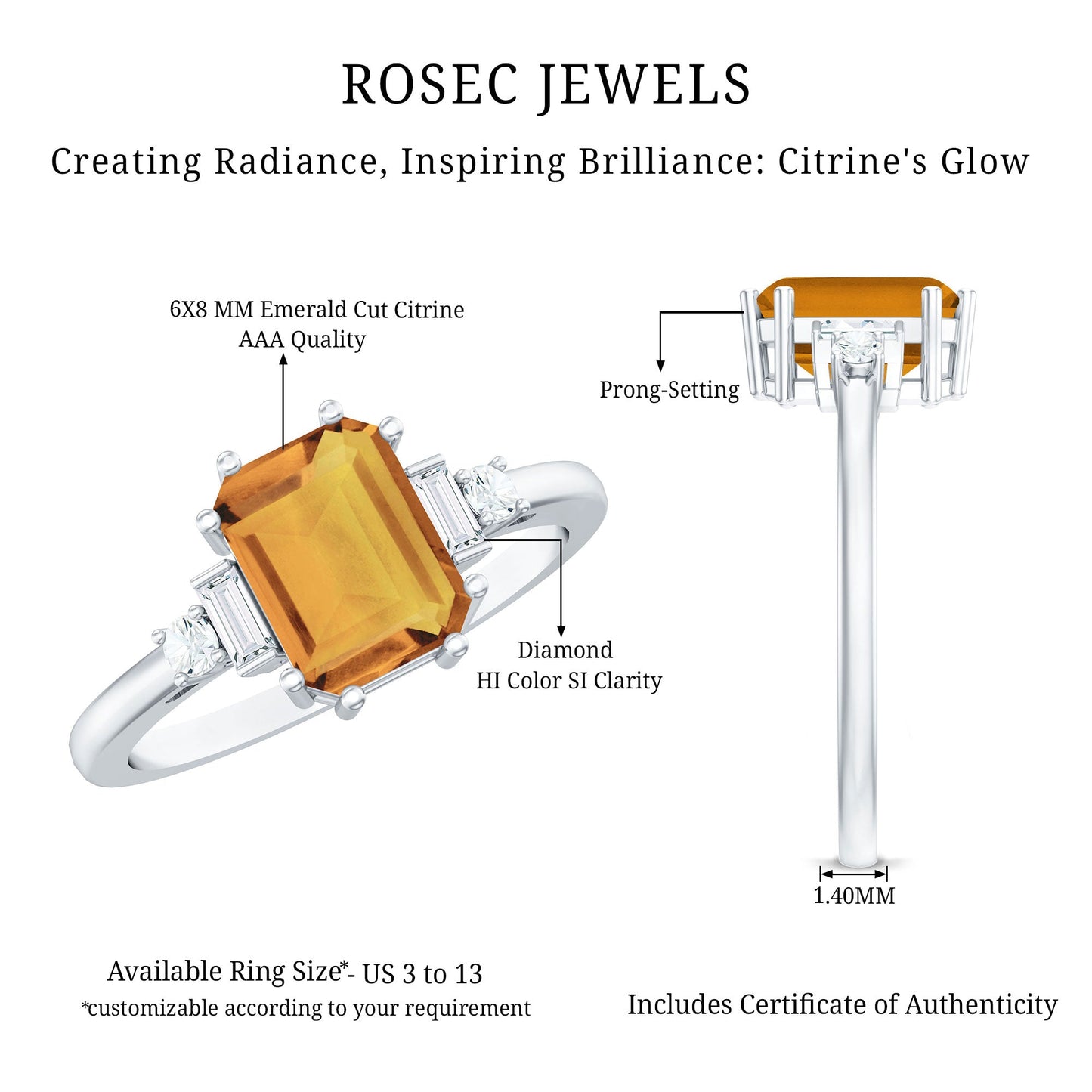 Certified Natural Citrine Emerald Cut Engagement Ring with Diamond