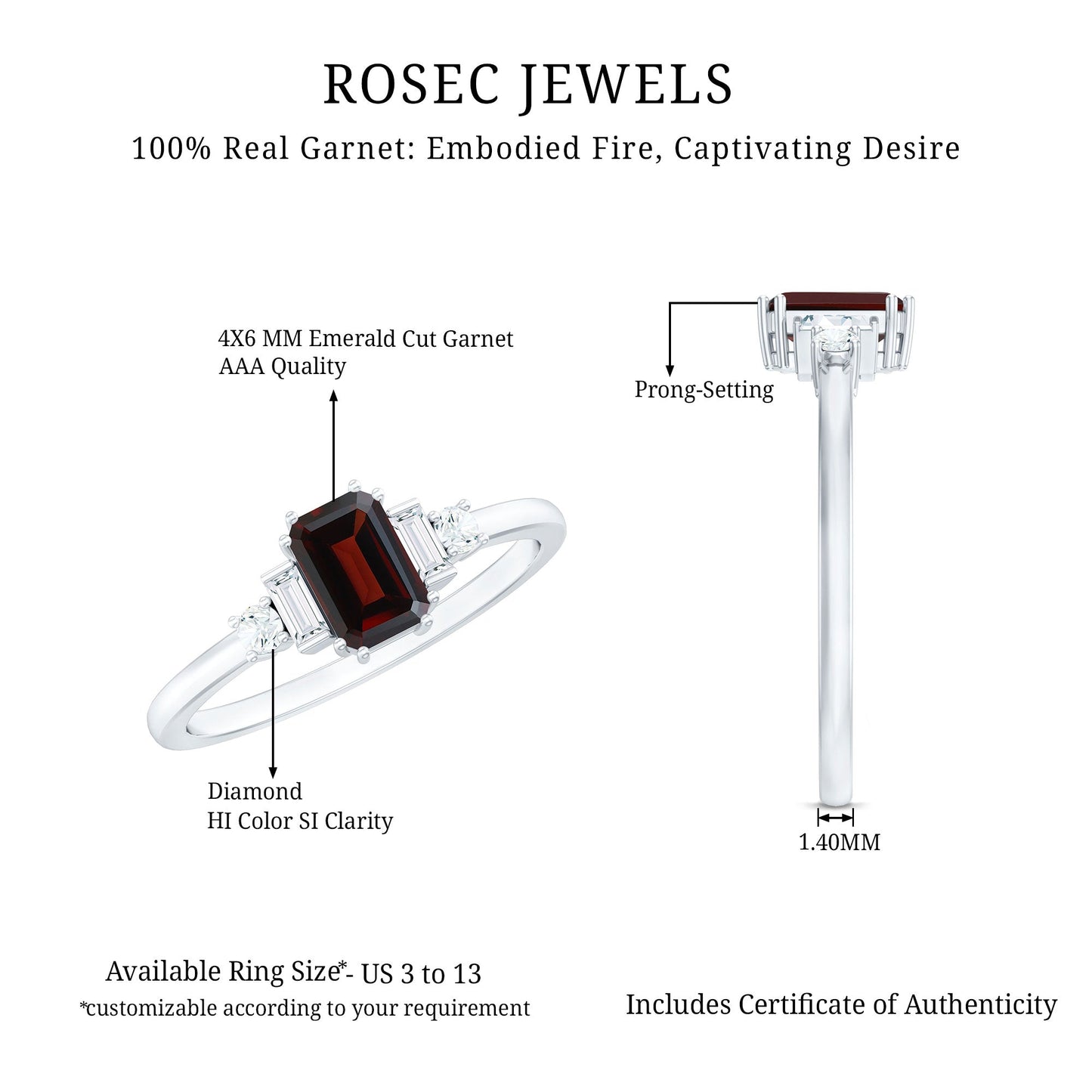Certified Garnet Emerald Cut Engagement Ring with Real Diamond