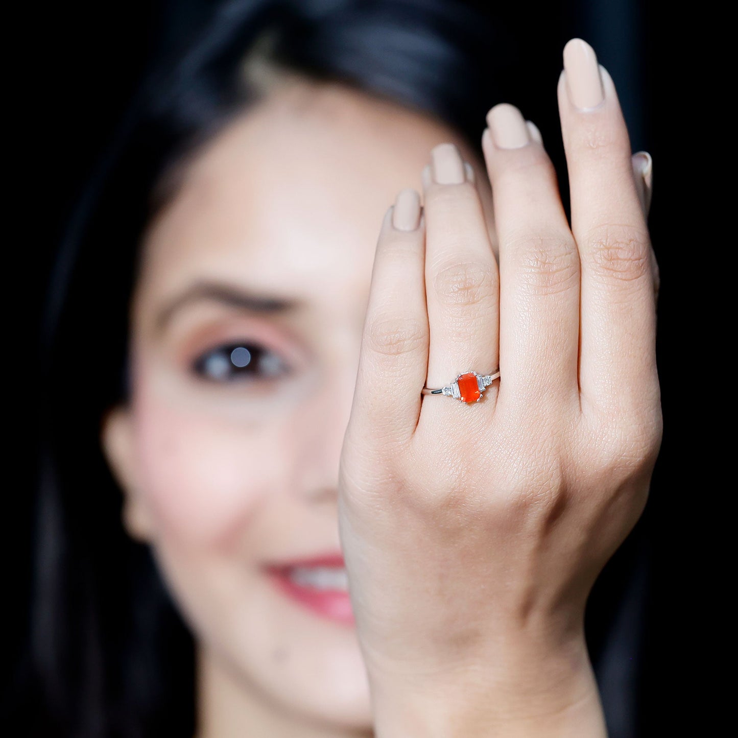 1 CT Emerald Cut Fire Opal Engagement Ring with Diamond