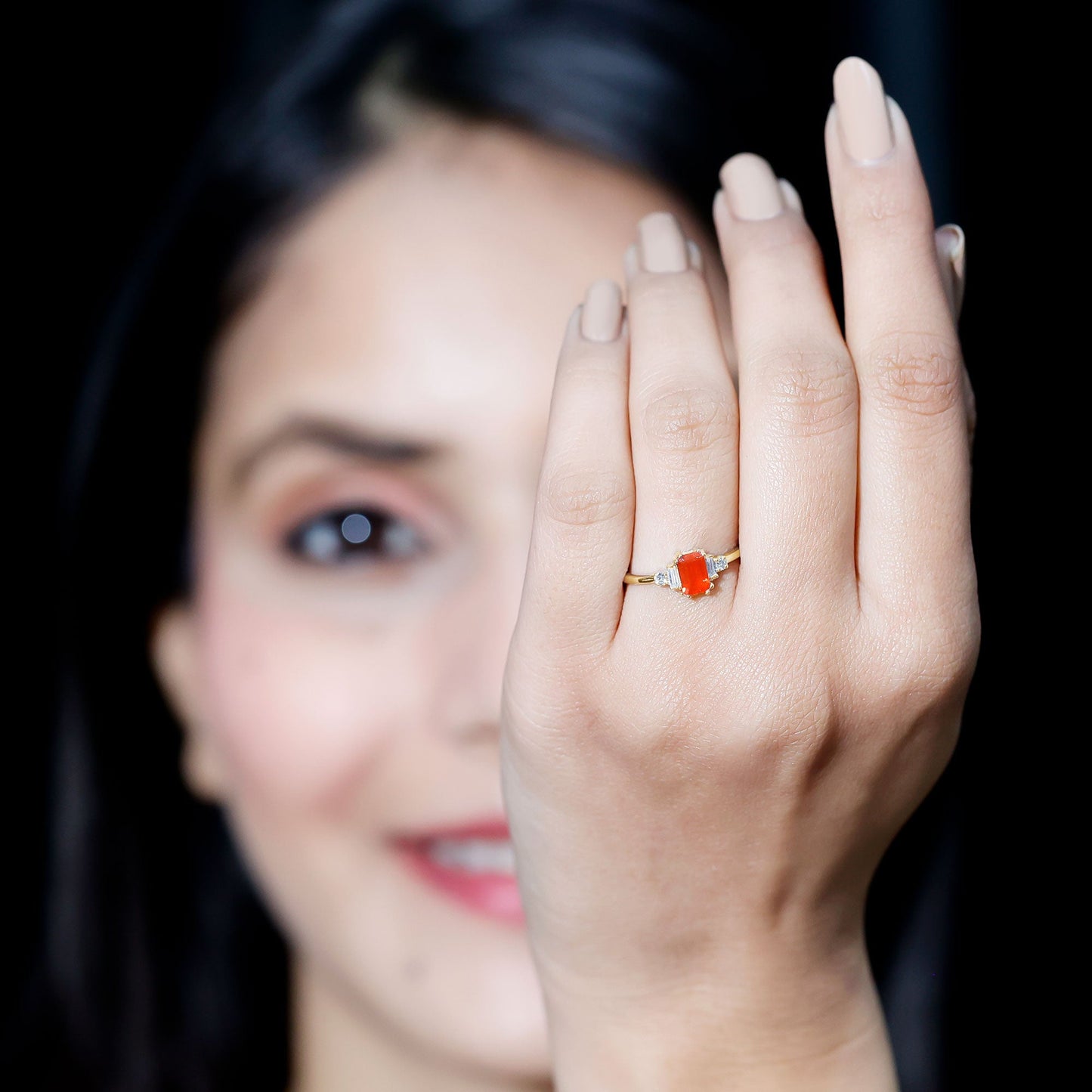 1 CT Emerald Cut Fire Opal Engagement Ring with Diamond