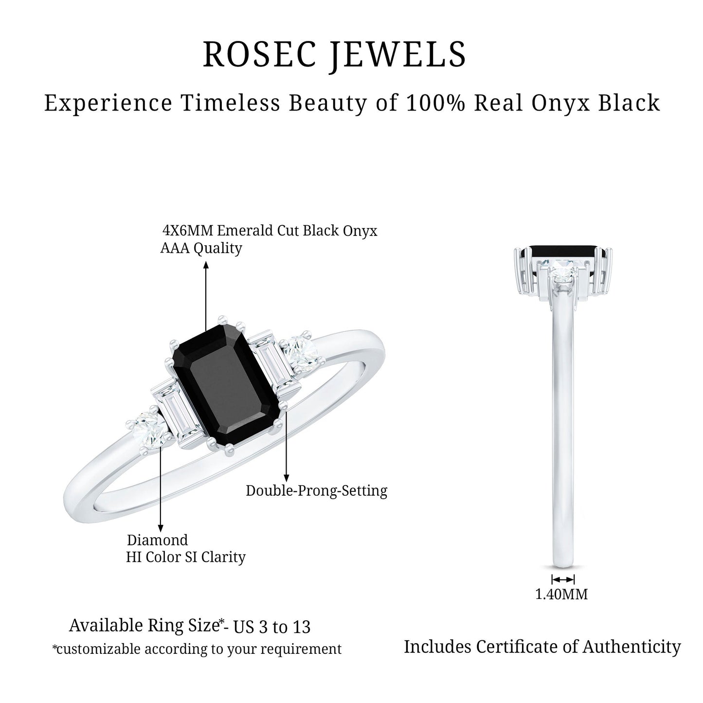 Emerald Cut Black Onyx Engagement Ring with Diamonds