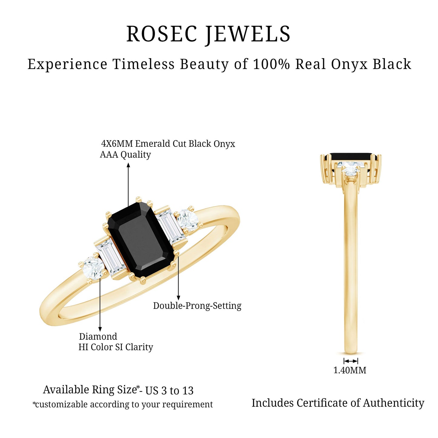 Emerald Cut Black Onyx Engagement Ring with Diamonds