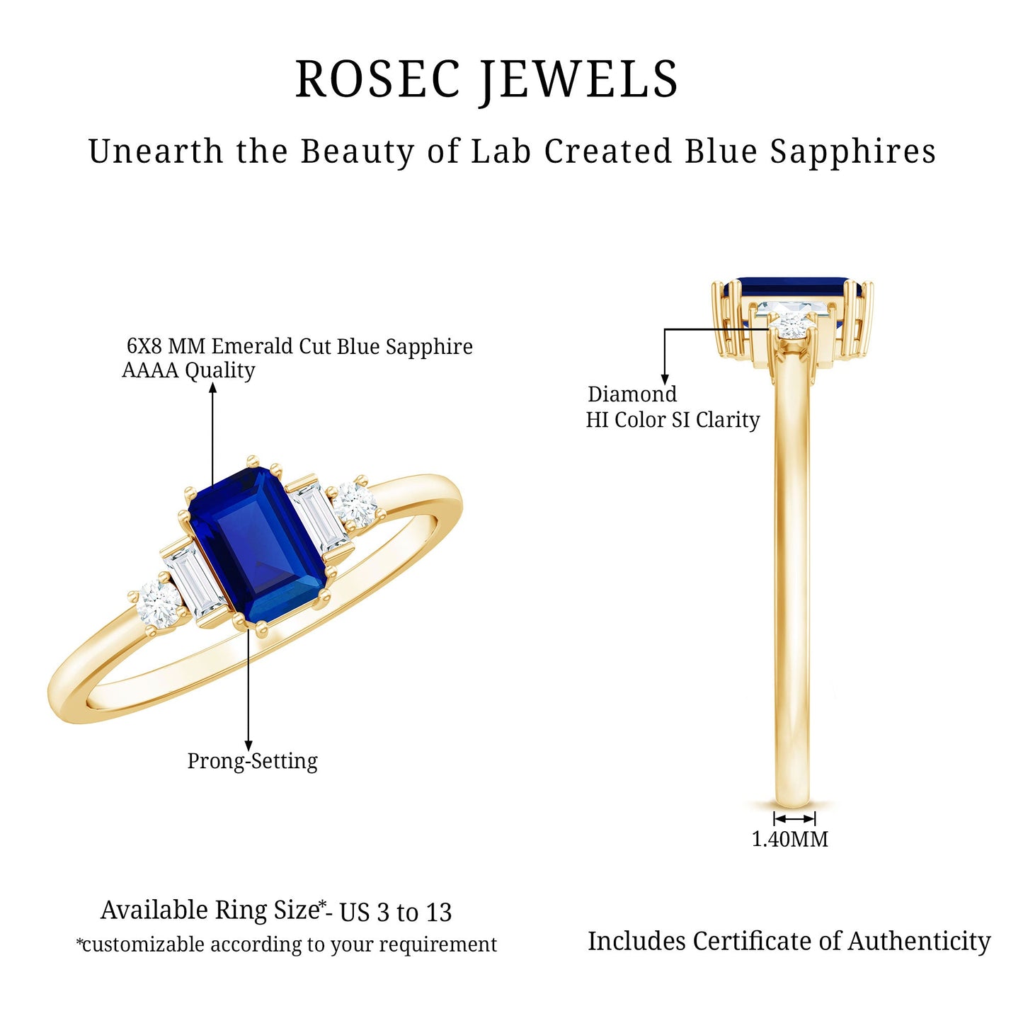 Certified 1.75 Carat Lab Grown Blue Sapphire Emerald Cut Engagement Ring with Diamond