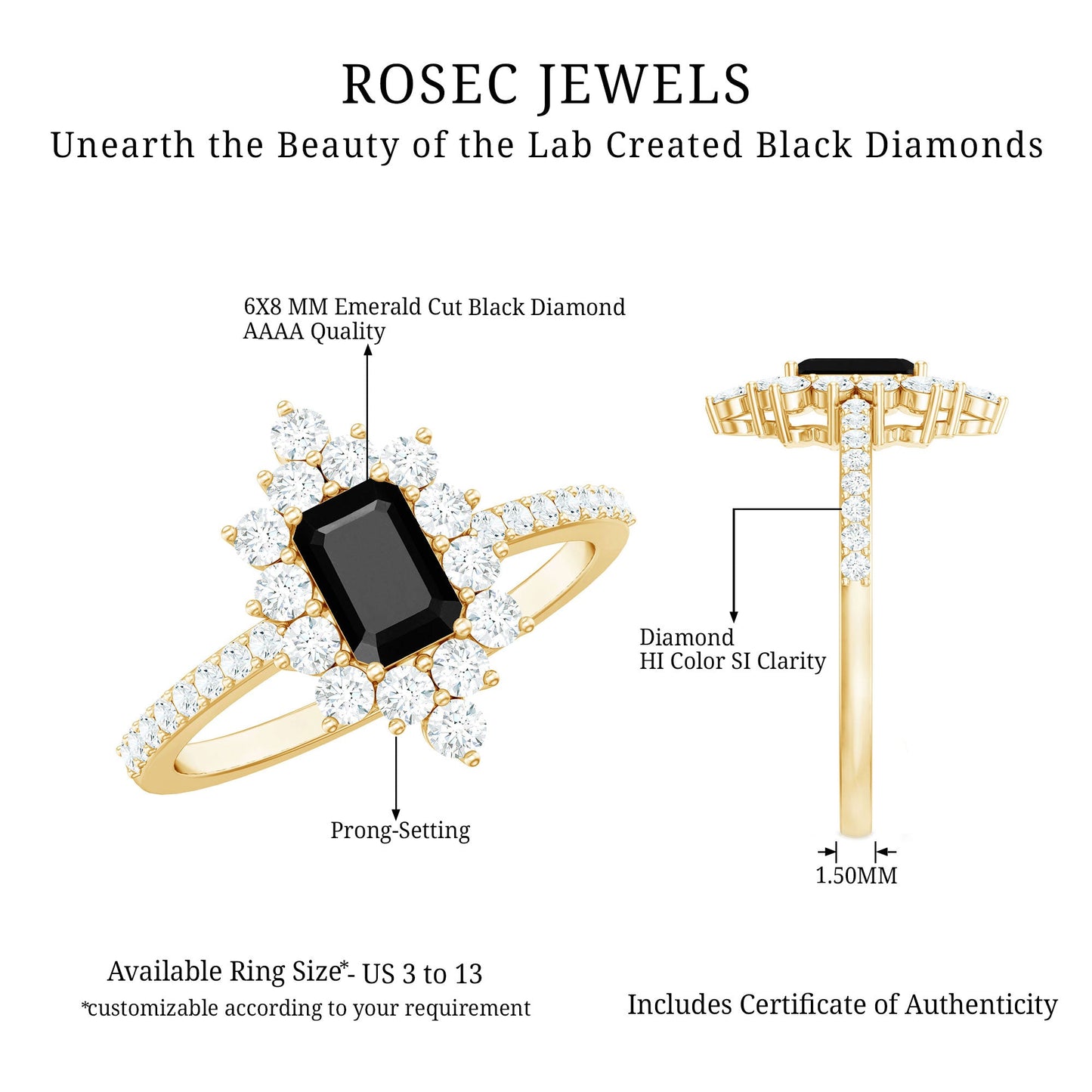 Vintage Style 1.6 Carat Lab Grown Black and White Diamond Emerald Cut Engagement Ring