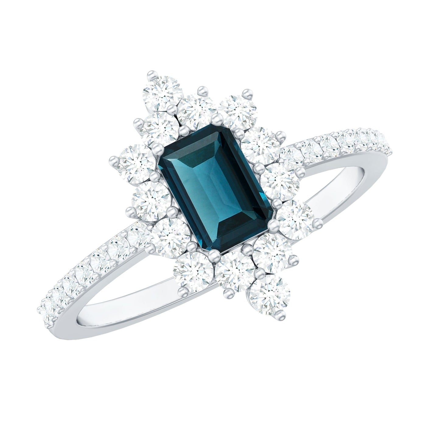 0.7 Carat Emerald Cut London Blue Topaz Antique Looking Engagement Ring with Diamond Halo
