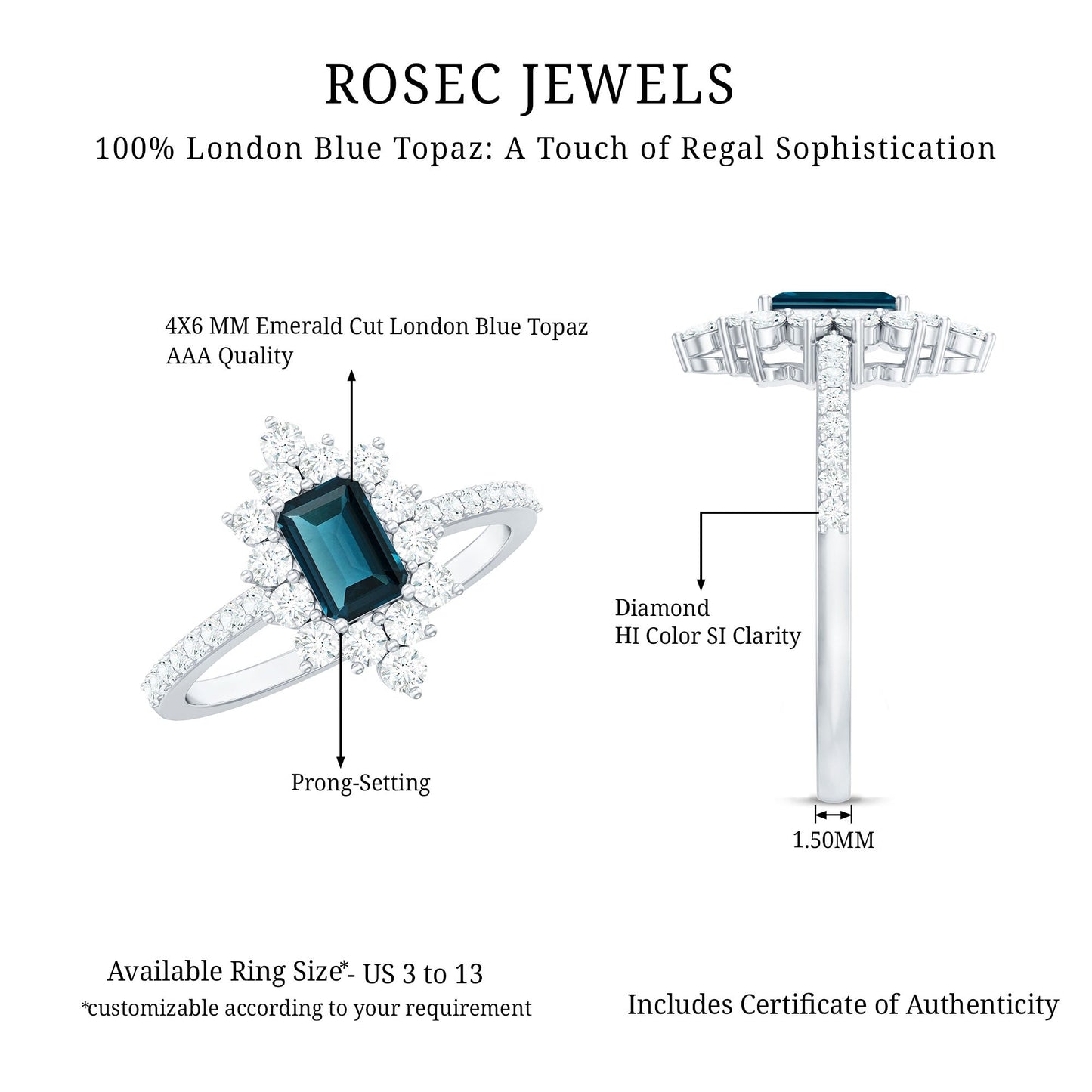 0.7 Carat Emerald Cut London Blue Topaz Antique Looking Engagement Ring with Diamond Halo