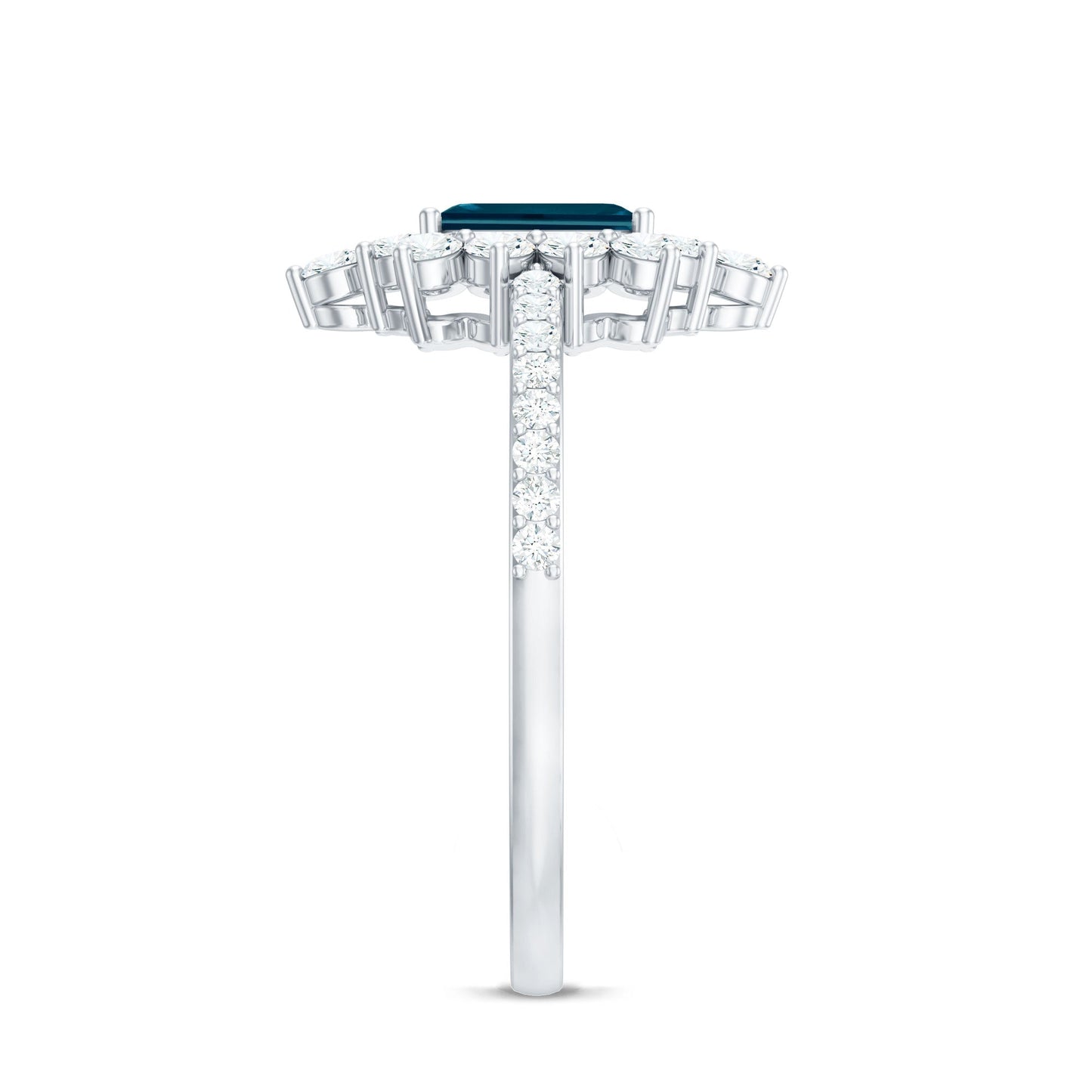 0.7 Carat Emerald Cut London Blue Topaz Antique Looking Engagement Ring with Diamond Halo