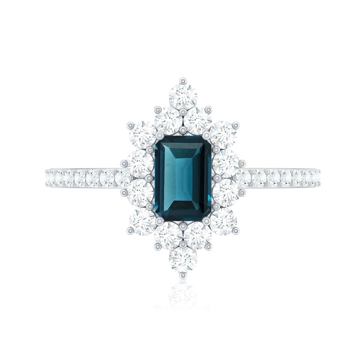 0.7 Carat Emerald Cut London Blue Topaz Antique Looking Engagement Ring with Diamond Halo