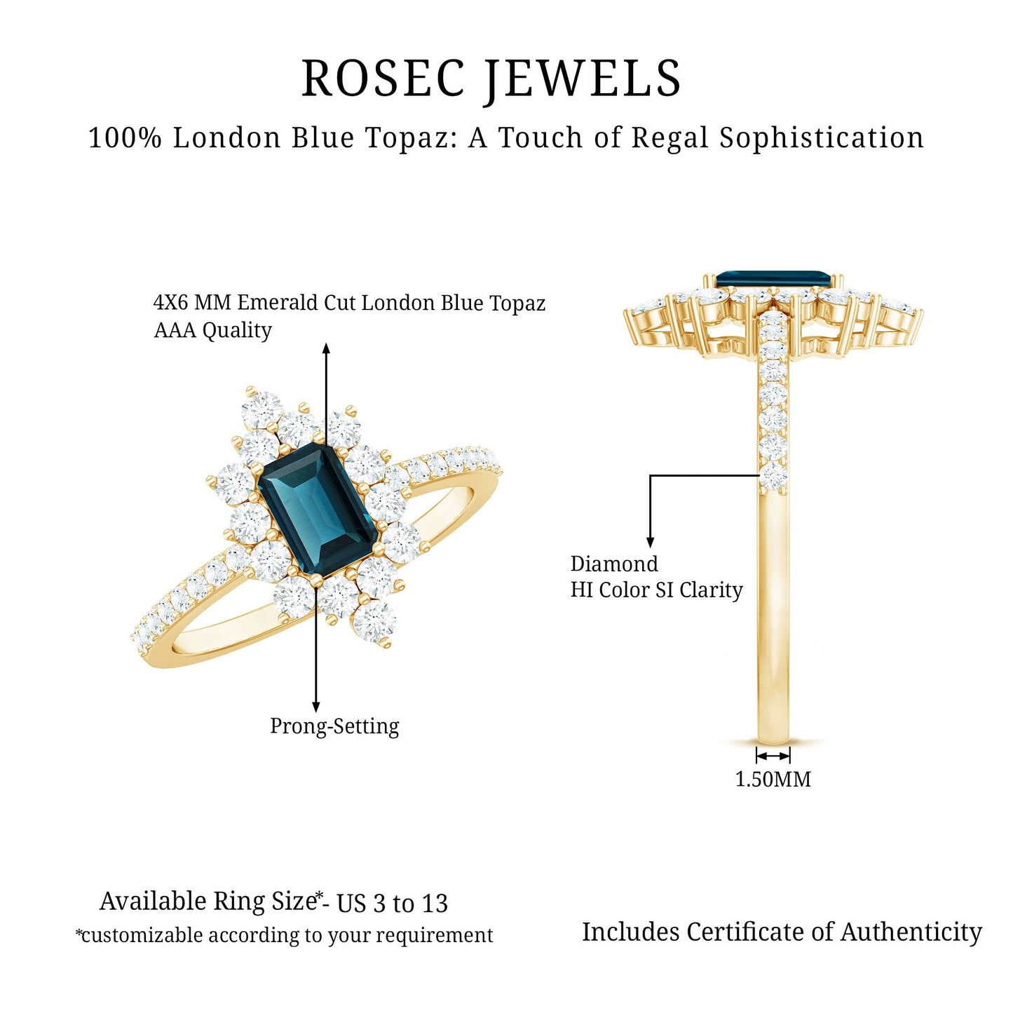 0.7 Carat Emerald Cut London Blue Topaz Antique Looking Engagement Ring with Diamond Halo