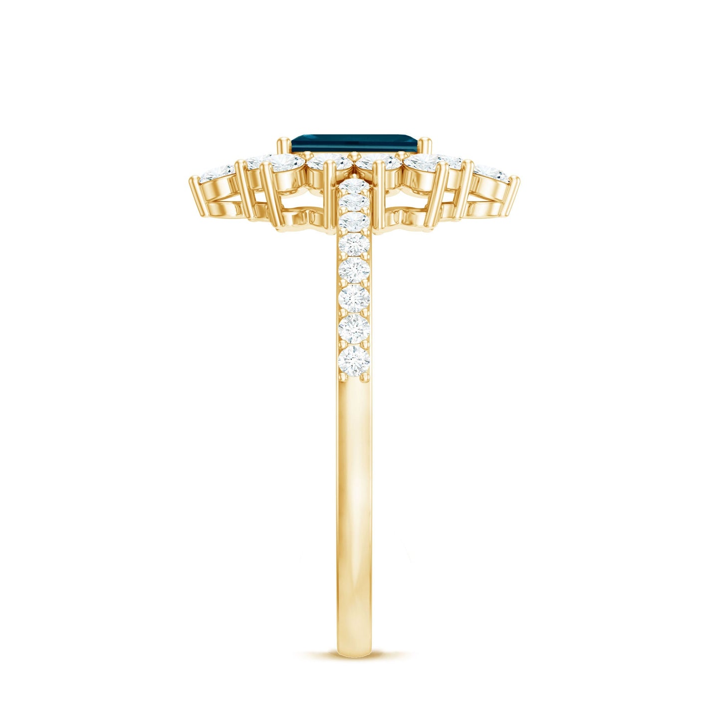0.7 Carat Emerald Cut London Blue Topaz Antique Looking Engagement Ring with Diamond Halo