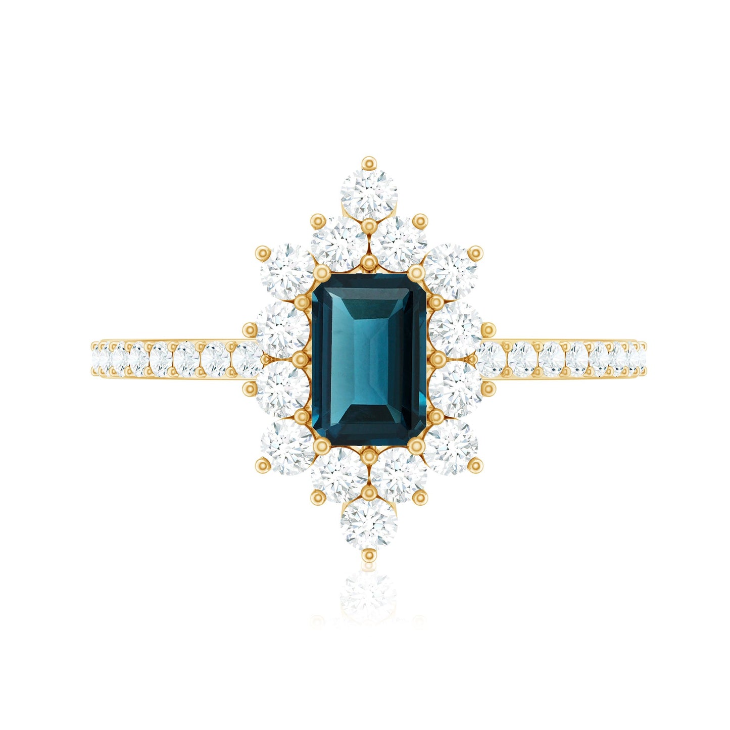 0.7 Carat Emerald Cut London Blue Topaz Antique Looking Engagement Ring with Diamond Halo