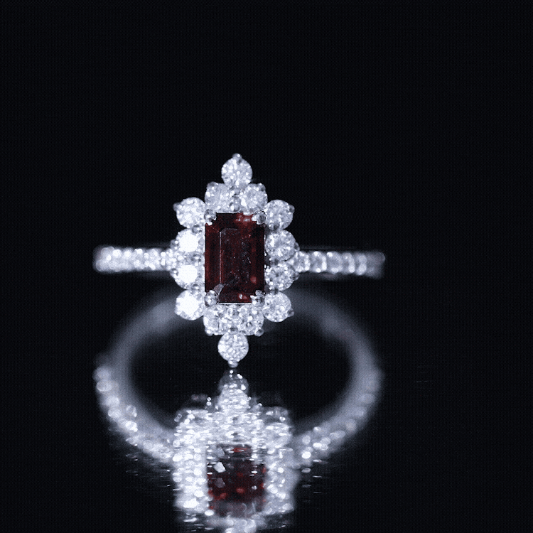 Vintage Inspired Garnet Emerald Cut Engagement Ring with Diamond Halo