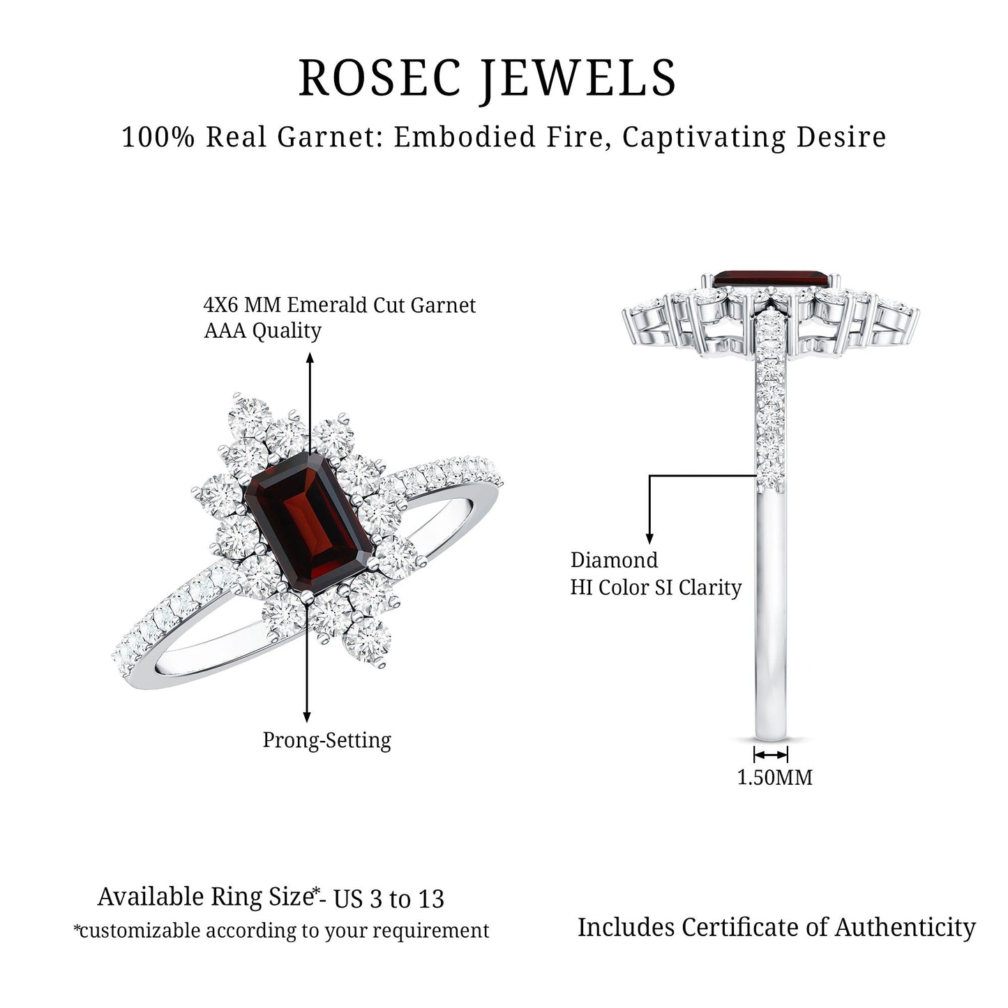 Vintage Inspired Garnet Emerald Cut Engagement Ring with Diamond Halo