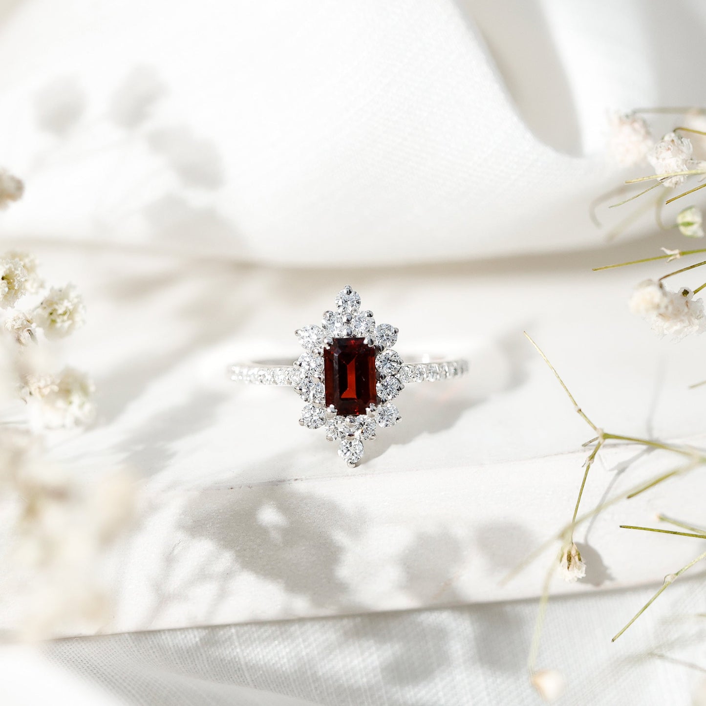 Vintage Inspired Garnet Emerald Cut Engagement Ring with Diamond Halo