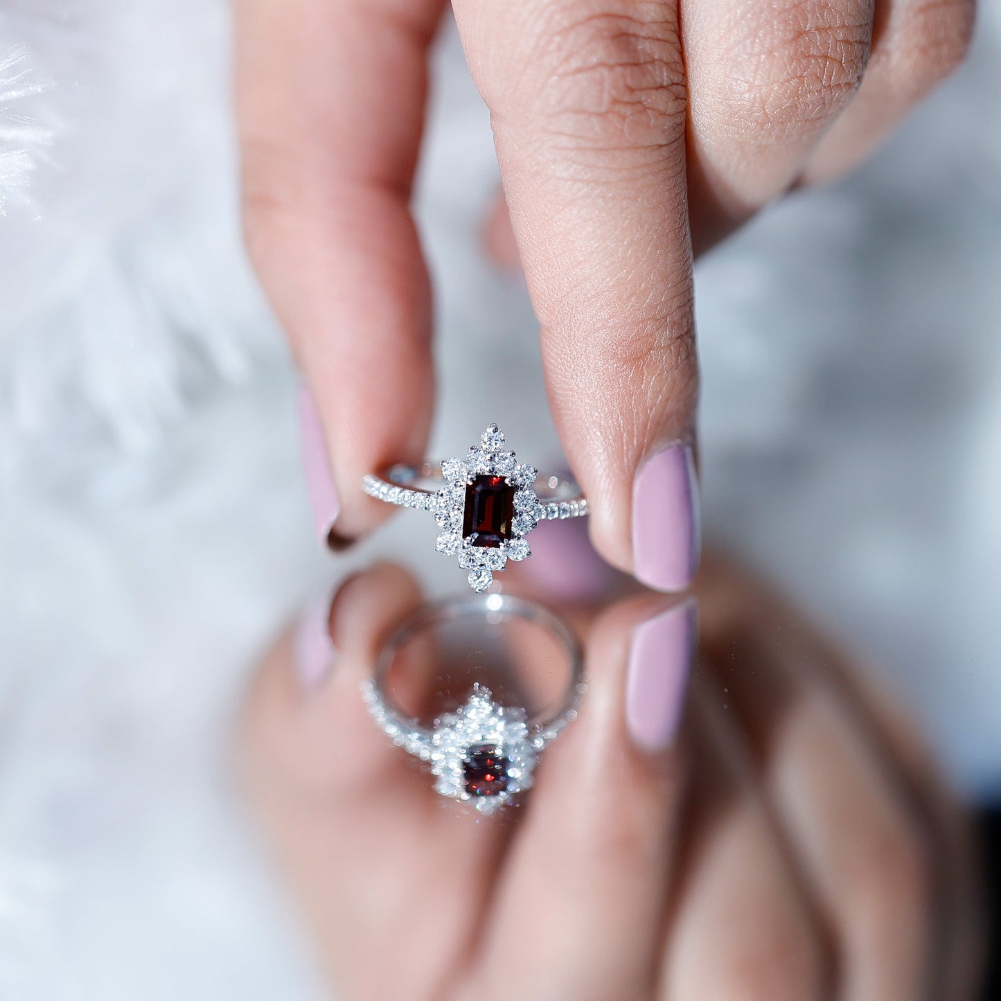 Vintage Inspired Garnet Emerald Cut Engagement Ring with Diamond Halo