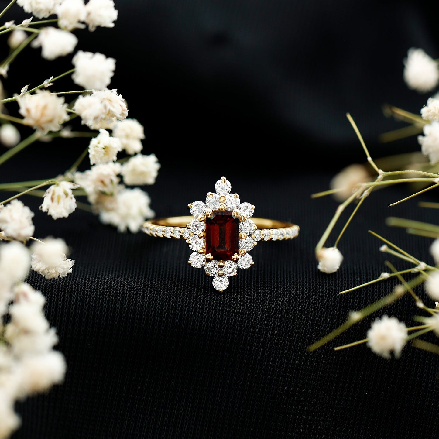 Vintage Inspired Garnet Emerald Cut Engagement Ring with Diamond Halo