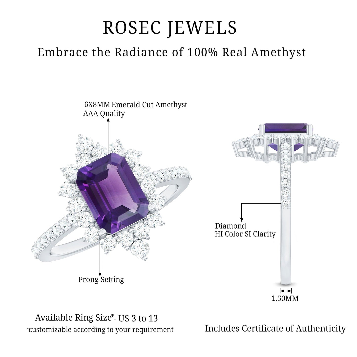Vintage Style 1.4 Carat Emerald Cut Amethyst Engagement Ring with Diamonds
