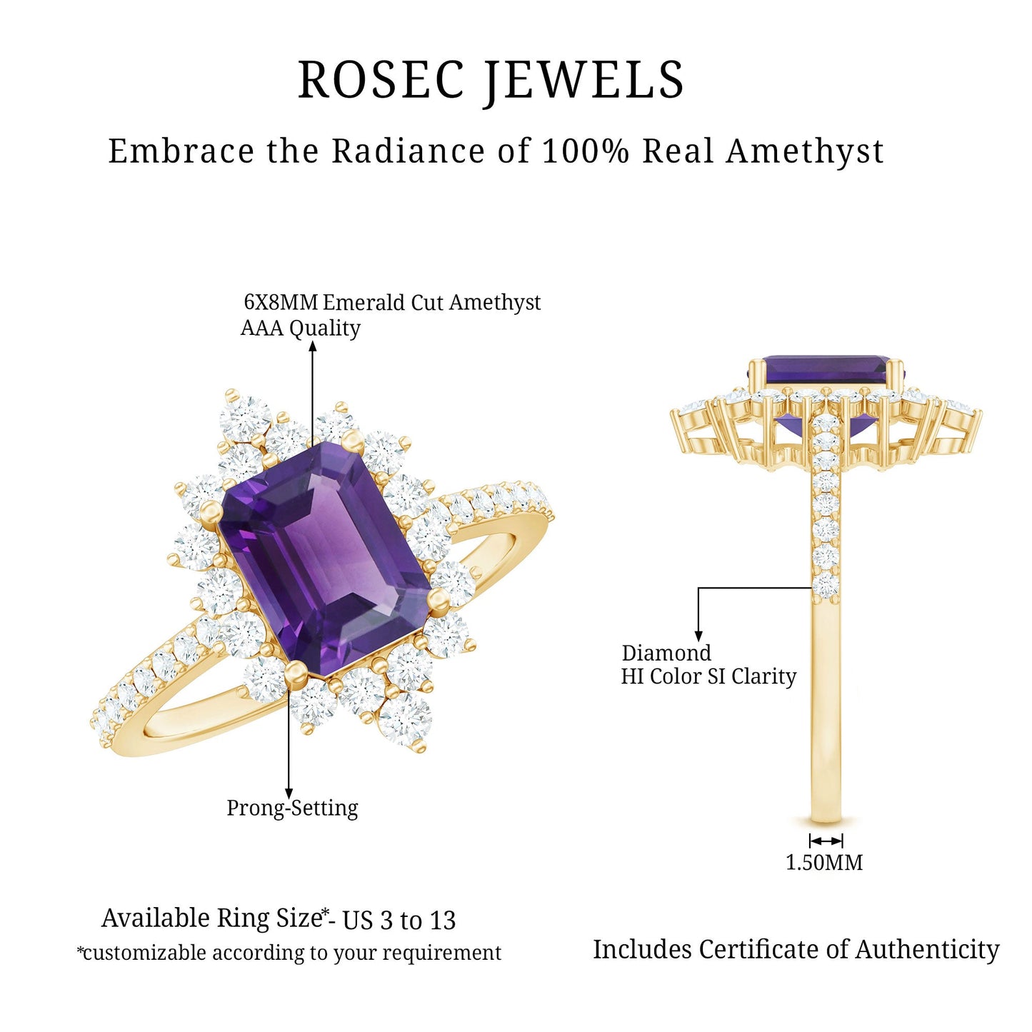 Vintage Style 1.4 Carat Emerald Cut Amethyst Engagement Ring with Diamonds