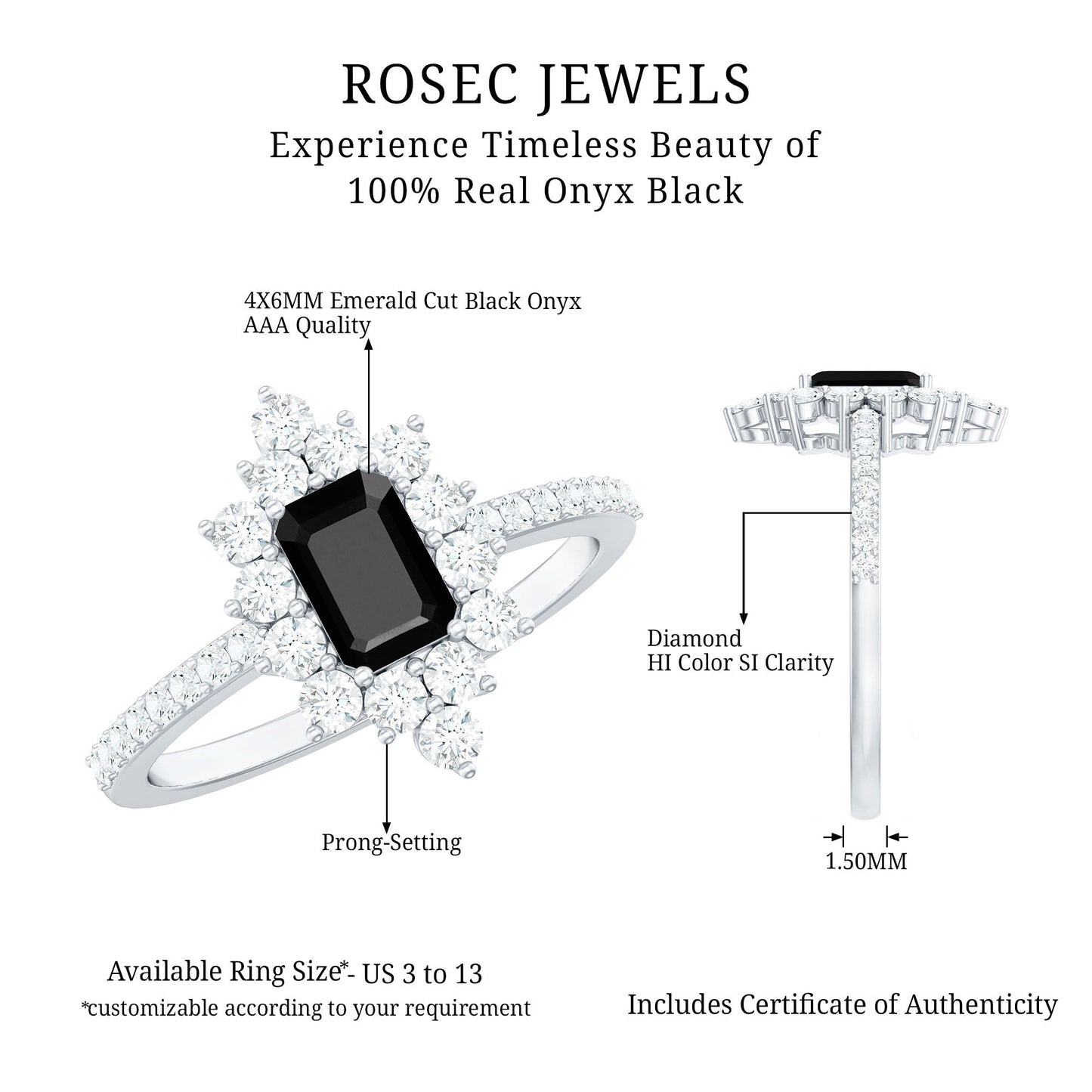 Vintage Inspired Black Onyx Engagement Ring with Diamond Halo