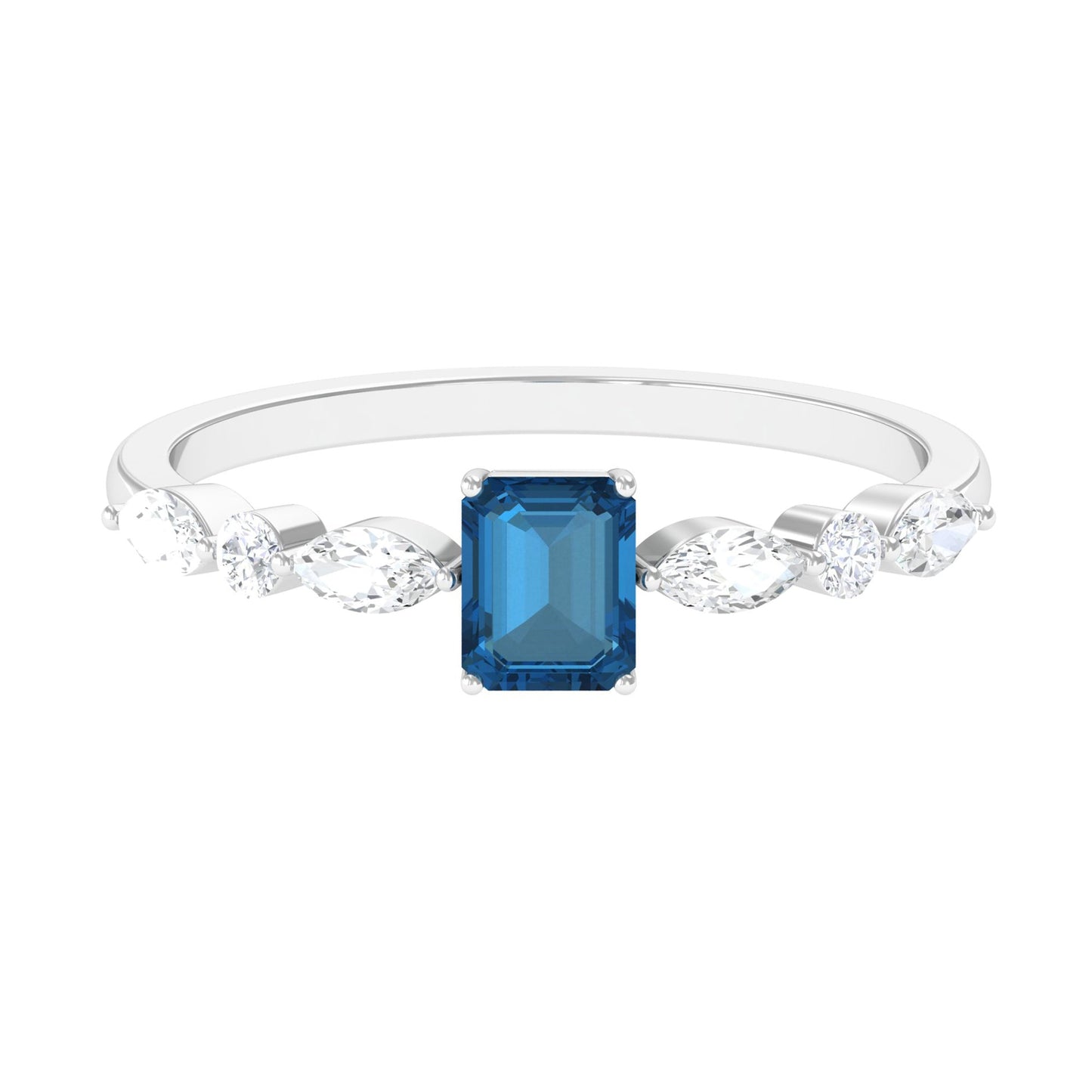 0.7 Carat Emerald Cut London Blue Topaz Solitaire Ring with Diamond
