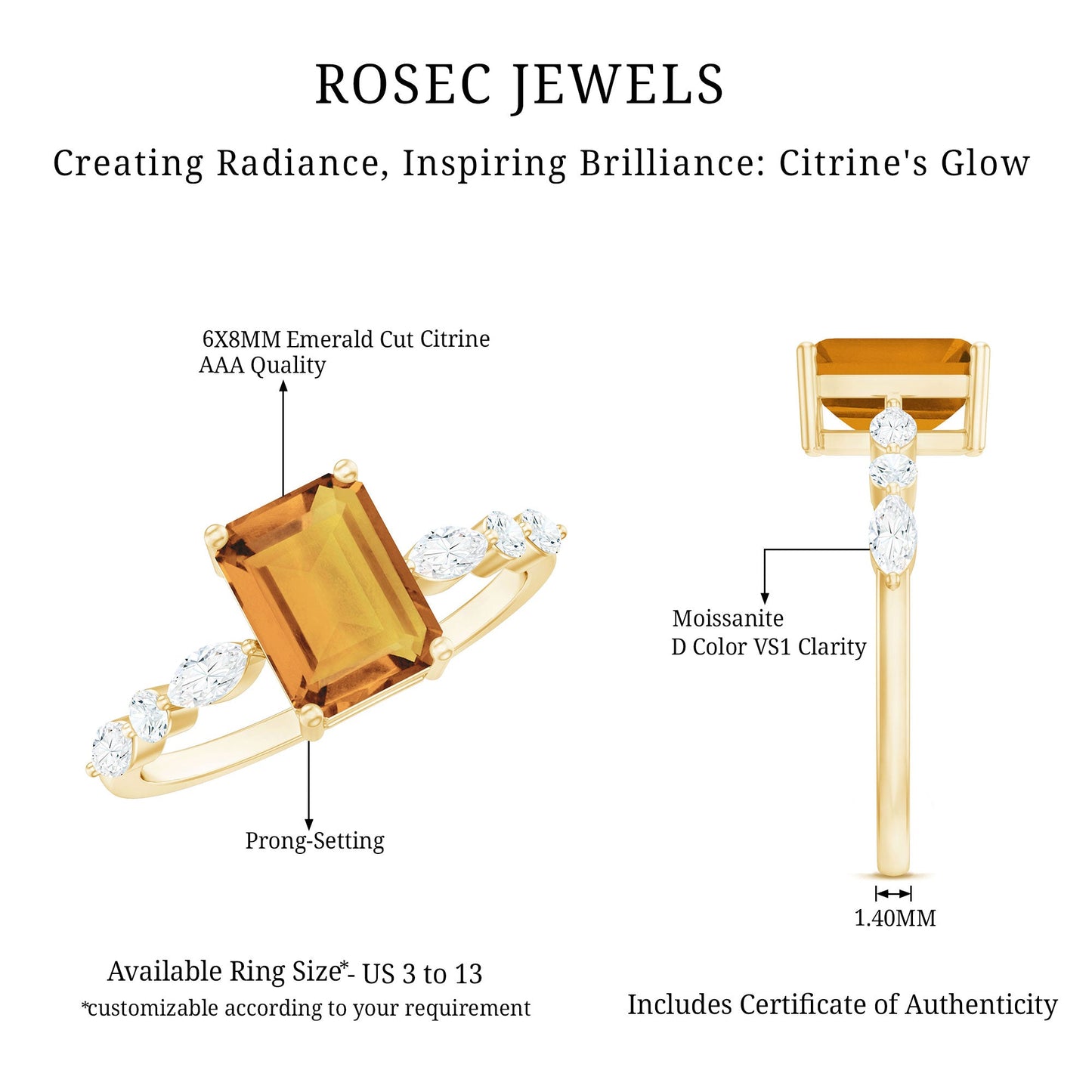 Certified Real Citrine Emerald Cut Engagement Ring with Diamond