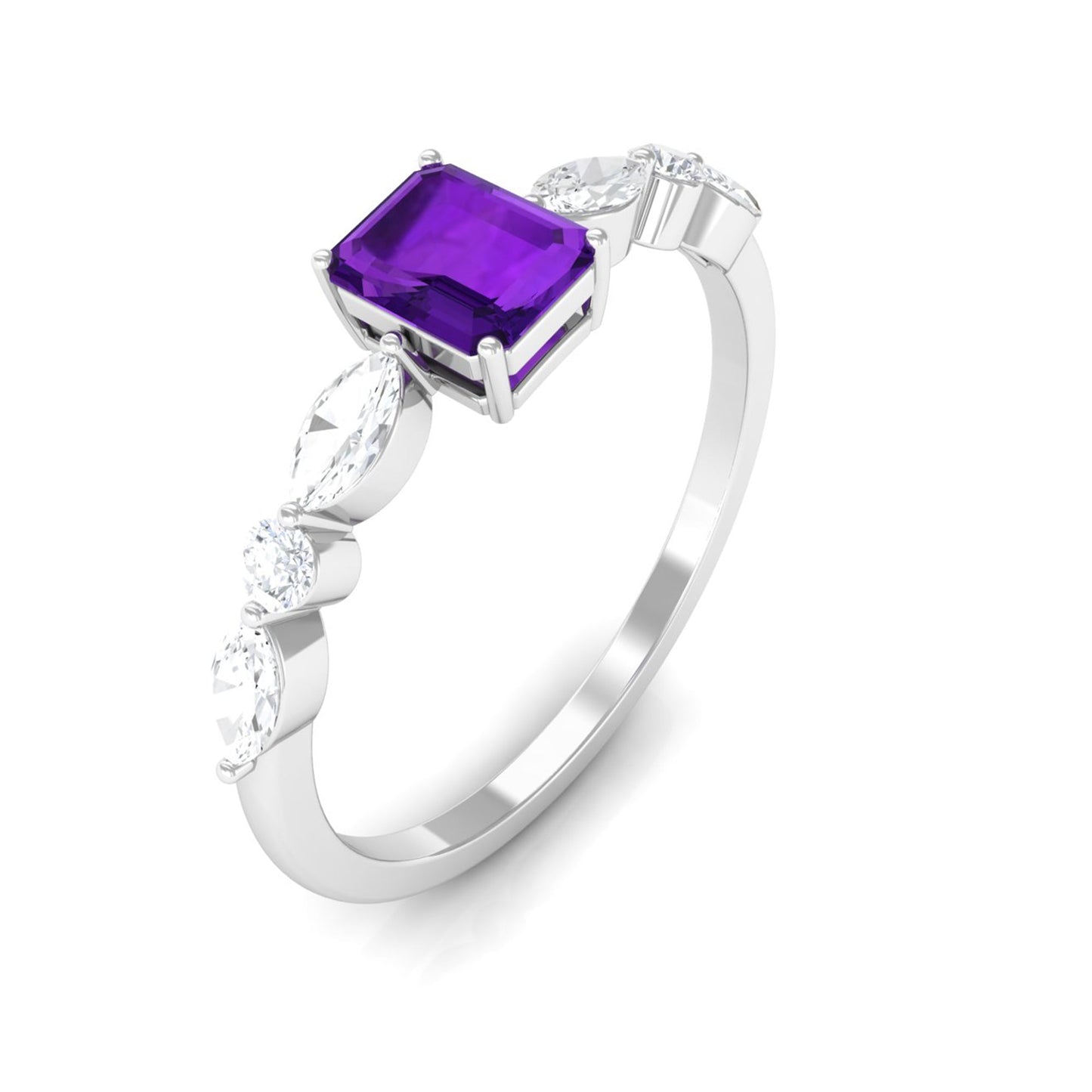 Genuine 1.4 Carat Amethyst Emerald Cut Engagement Ring with Diamond