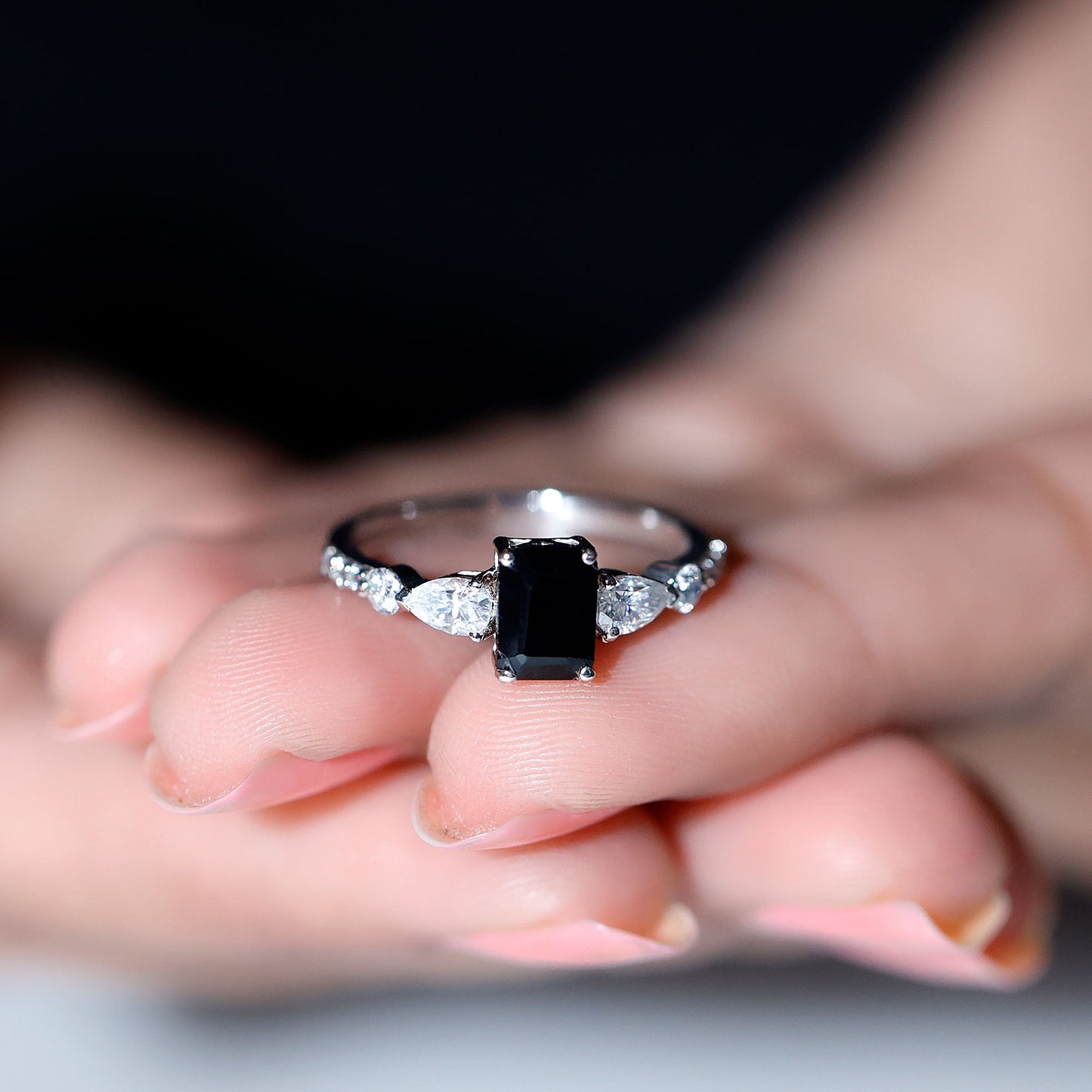 Certified 1.6 Carat Lab Grown Black Diamond Emerald Cut Engagement Ring with Side Stones