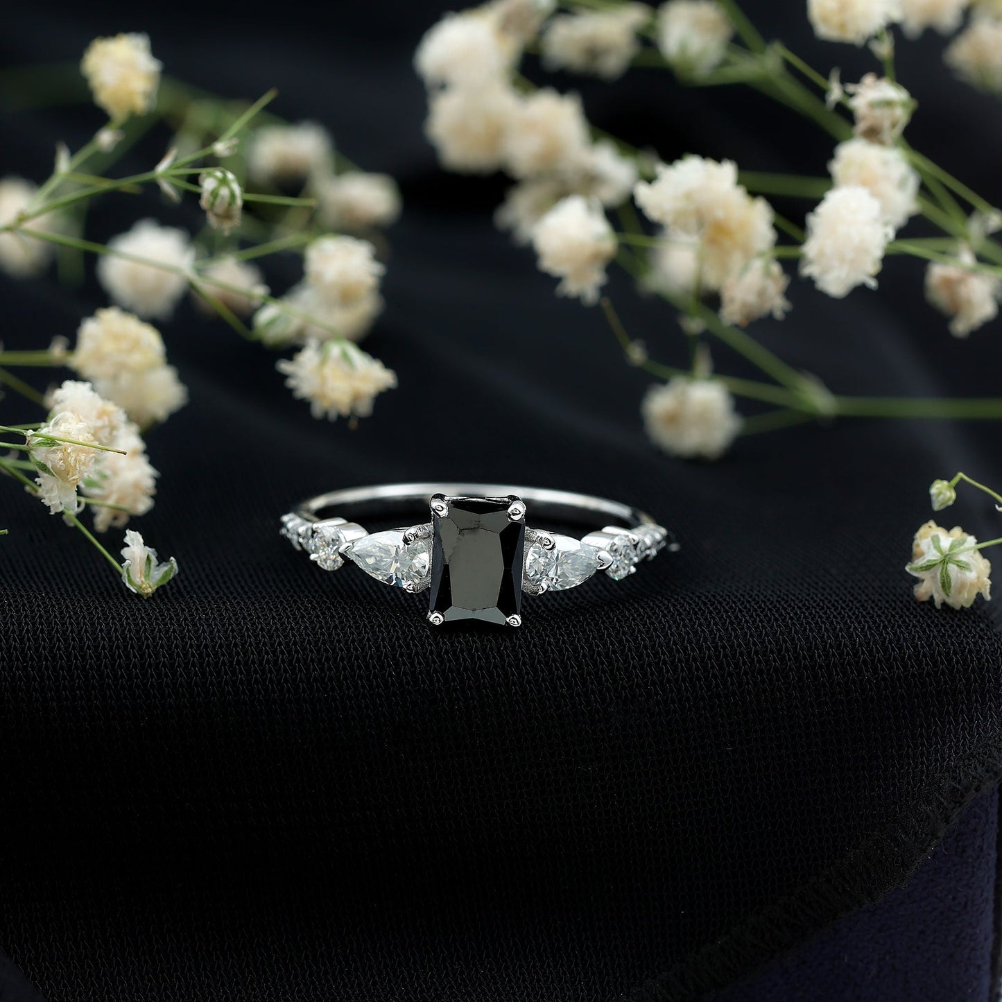 Certified 1.6 Carat Lab Grown Black Diamond Emerald Cut Engagement Ring with Side Stones