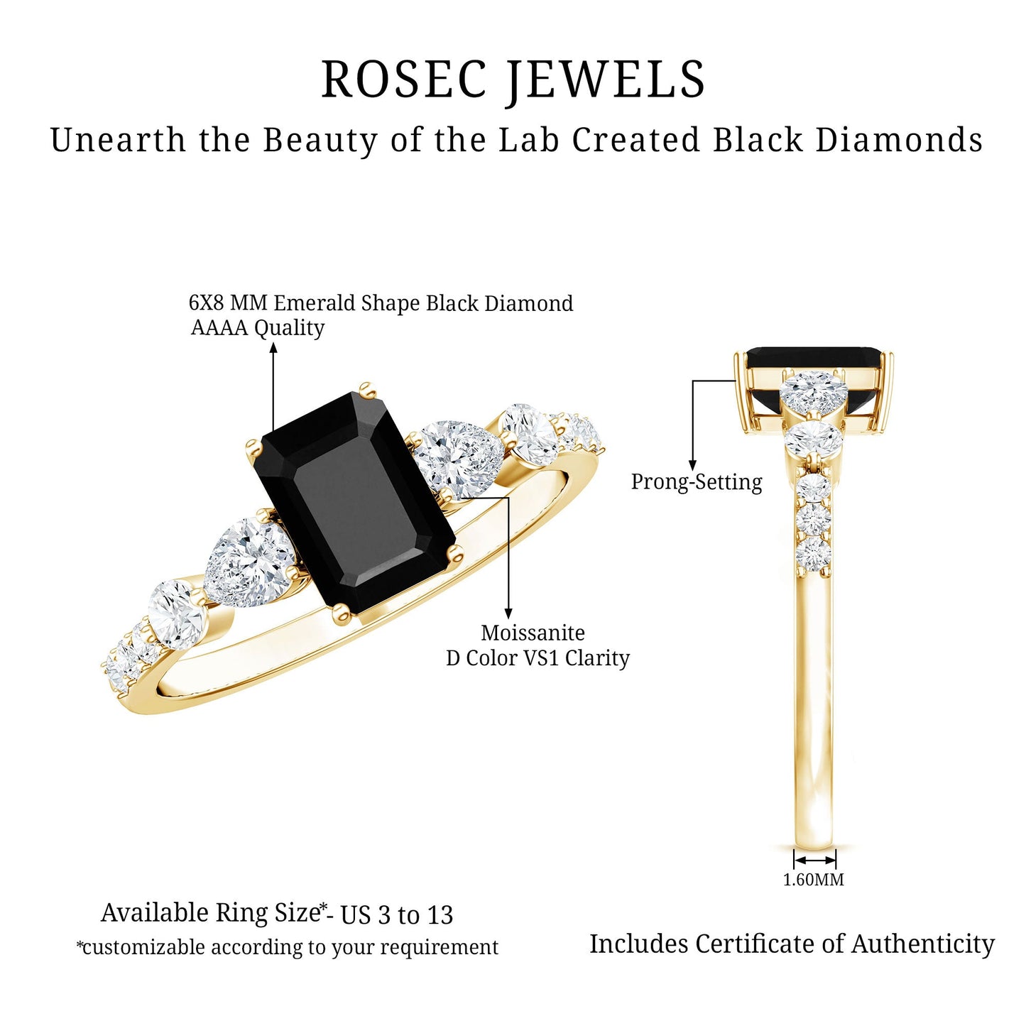Certified 1.6 Carat Lab Grown Black Diamond Emerald Cut Engagement Ring with Side Stones