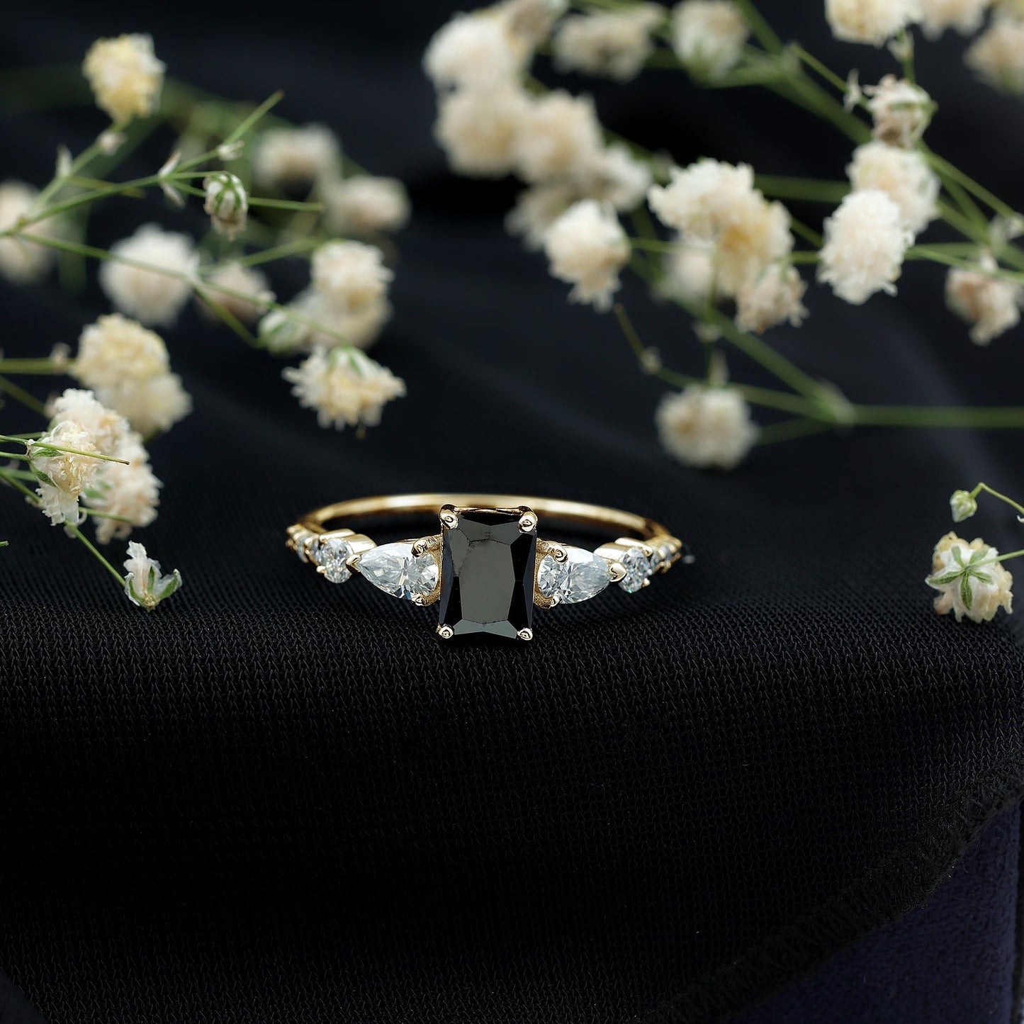 Certified 1.6 Carat Lab Grown Black Diamond Emerald Cut Engagement Ring with Side Stones